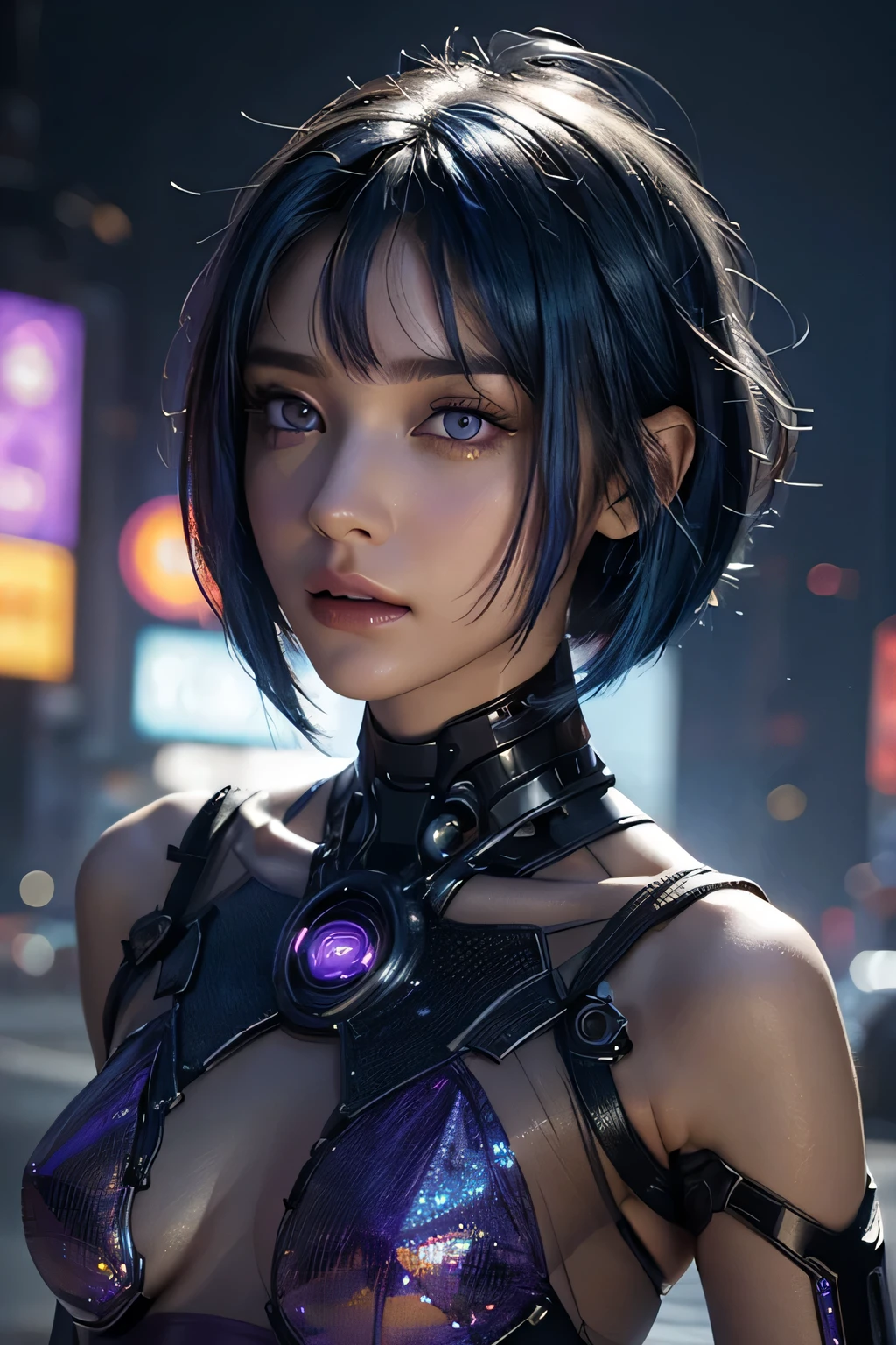 Highly detailed, ultra detailed, best quality, highest quality, hyper detailed, highly detailed background, photorealistic, masterpiece, detailed CGI 32k:1.3, detailed realistic skin, stunning and gorgeous, (holographic Girl), (against the backdrop of a cyberpunk city:1.2), (transparent body:1.3), small breasts, (dim lighting:1.2), (detailed hair:1.3), (bob haircut:1.2), (blue hair:1.3), (centered), (highly detailed:1.4), (purple eyes:1.3), (detailed face and eyes:1.4).