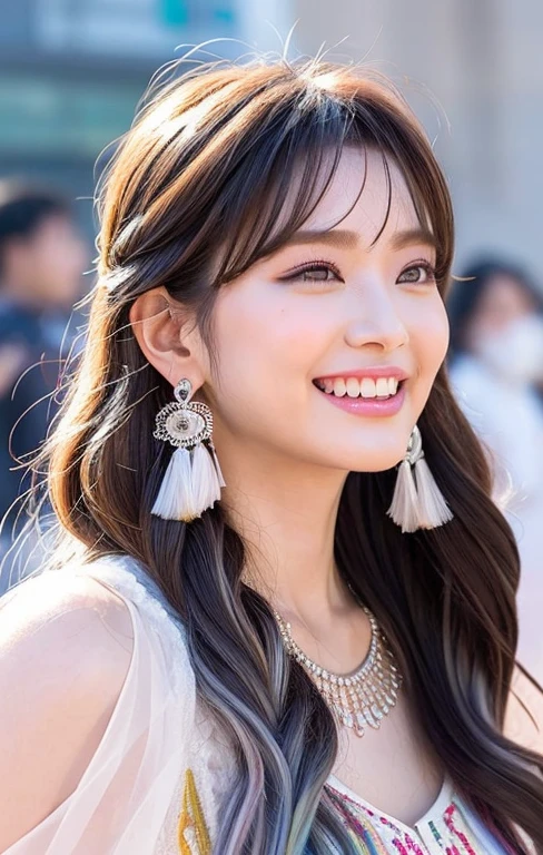 (real,extra detailed body、extra detailed face、best qualtiy:1.2)、femele、looking at the viewers、(Korean actress、White and gray gradient hair color、roseate plump lips, happy smile with sharp teeth、Earrings of bird feathers up to the shoulders、a necklace、hippy、colourful clothes)、(Aozora in the background), swept bangs, long wavy hair,  professional makeup