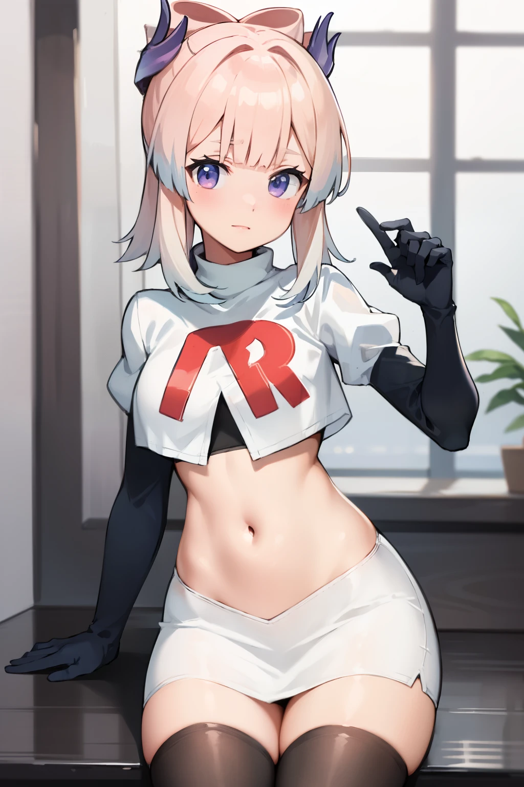 kokomidef, blush, short hair, looking at viewer, team rocket,team rocket uniform,white skirt,crop top,black thigh-highs,black elbow gloves,
