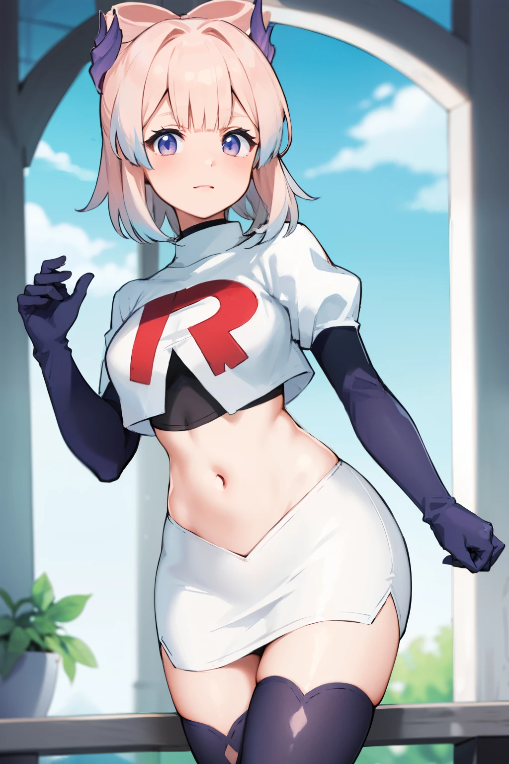 kokomidef, blush, short hair, looking at viewer, team rocket,team rocket uniform,white skirt,crop top,black thigh-highs,black elbow gloves,
