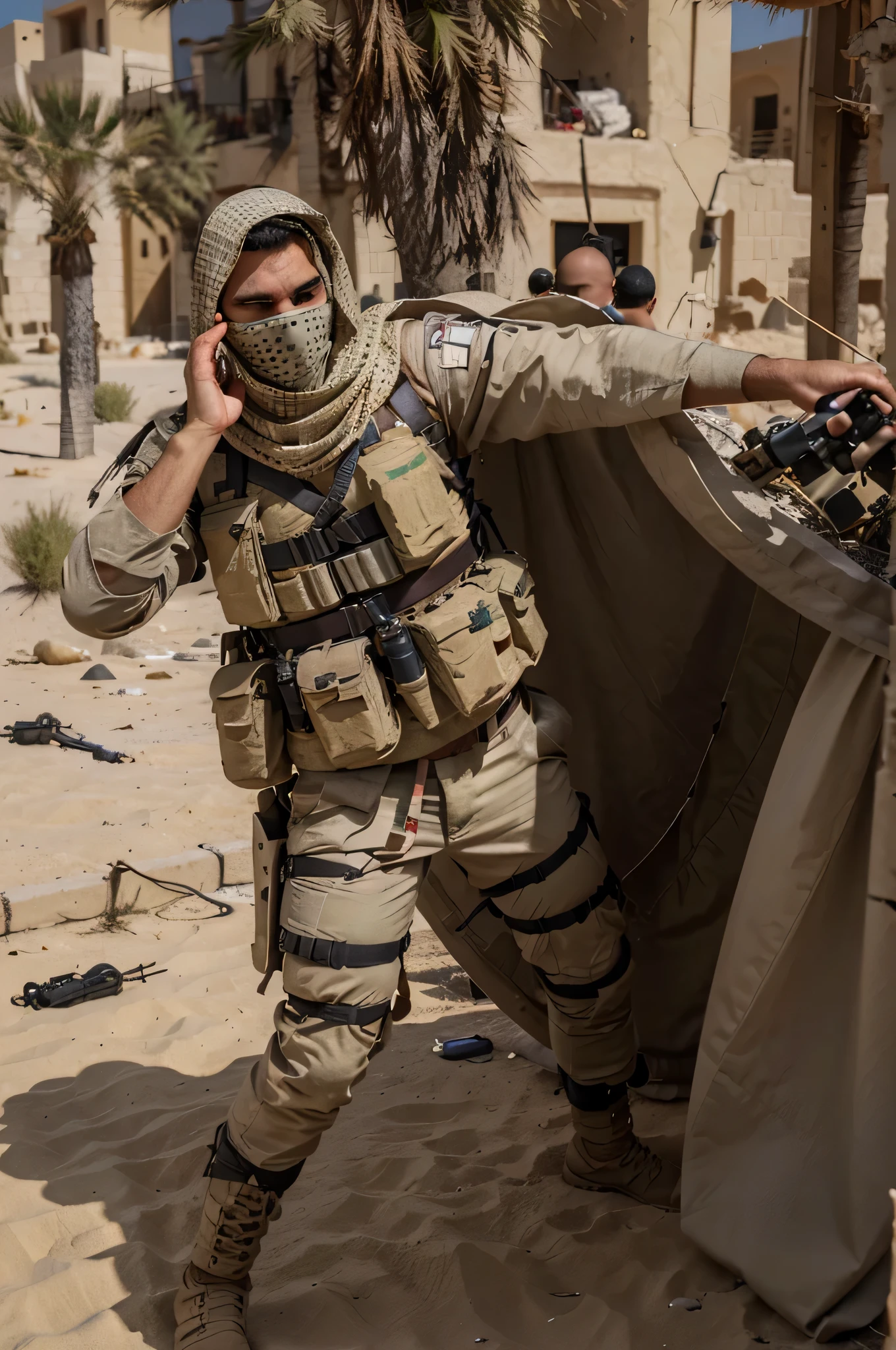 Soldado masculino, se cubre la cara con una keffiyeh, Cara de Oriente Medio, esta gritando, beige typical Middle Eastern white clothing, chaleco antibalas beige con granadas, esta lanzando una granada, cinturones y arneses con granadas incendiarias, he is in an arabian desert, there is a huge tremendous explosion with a lot of fire, 4k, ultra detallado image, Realista, muy detallado, perfect composition, gorgeous, Intrincadamente detallado, incredibly detailed, 8 k artistic photography, hiper detallado, obra maestra, ultra detallado, hyper Realista, 4k , ultra detallado image, Realista, muy detallado, perfect composition, hermoso, Intrincadamente detallado, incredibly detailed, 8K fine art photography, hiper detallado, obra maestra
