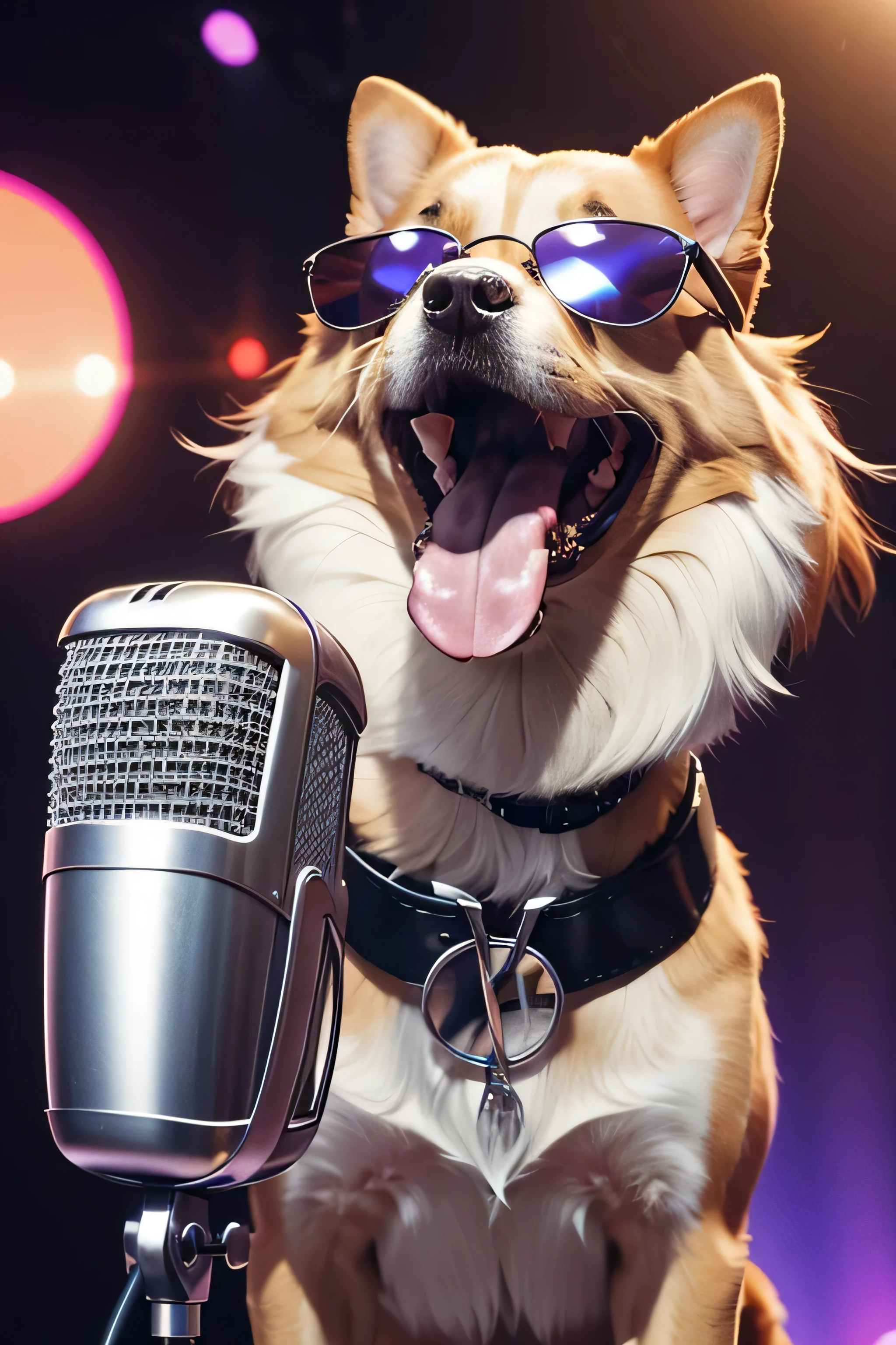 make a picture of a dog singing in to a microphone, mouth open, sunglasses
