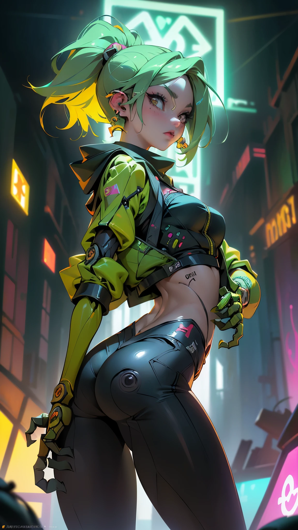A striking image of a young very busty Rebecca, firm round ass, smooth hips, sexy long legs, great complexion, beautiful face, detailed eyes, the iconic anime character. She has long, green hair styled in loose waves and is wearing a revealing red very small string bikini and a bat symbol on the front. Her outfit includes thigh-high black boots. The lighting is bright and natural, highlighting the bold colors and details of her costume, as well as her confident and alluring expression. Art Styles: Cosplay Photography Realism Artists Referenced: Revy black lagoon Categories: Cosplay anime characters Elegant detailed luxury, neon lights, The artwork is rendered in an edgy and realistic style, with high attention to detail and sharp focus. The colors are vivid and contrasted, with a slight desaturation to create a moody atmosphere. shadowy highlights enhancing the overall composition. The medium used is a digital illustration, with a touch of photo-realistic elements to add depth and texture to the image. The final result is a masterpiece in ultra-high resolution, poster style, yellow neon lighting in the background, 