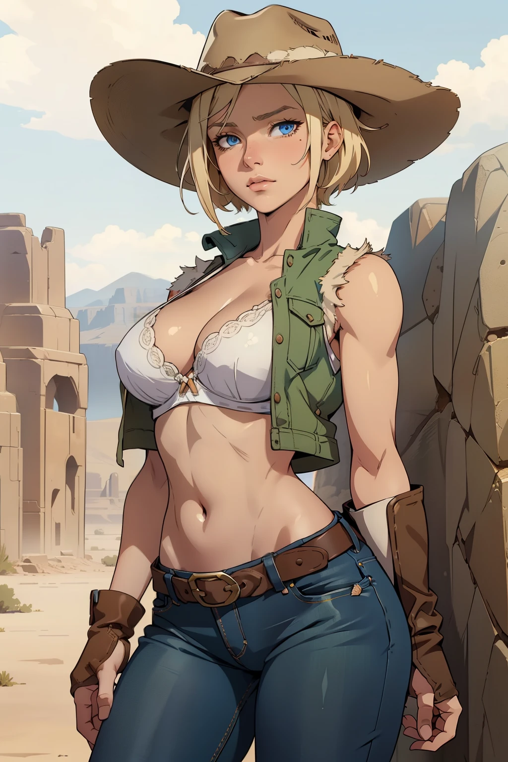 1girl, cowboy hat, white bra, green vest, no sleeve, navel, blue jeans, brown boots, fingerless gloves, short hair, blonde hair, parted bangs, blue eyes, mole under right eye, american old west, desert background, best quality, masterpiece