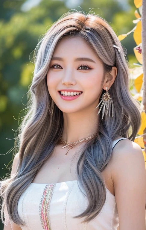 (real,extra detailed body、extra detailed face、best qualtiy:1.2)、femele、looking at the viewers、(Korean actress、White and gray gradient hair color、roseate plump lips, happy smile with sharp teeth、Earrings of bird feathers up to the shoulders、a necklace、hippy、colourful clothes)、(Aozora in the background), swept bangs, long wavy hair,  professional makeup