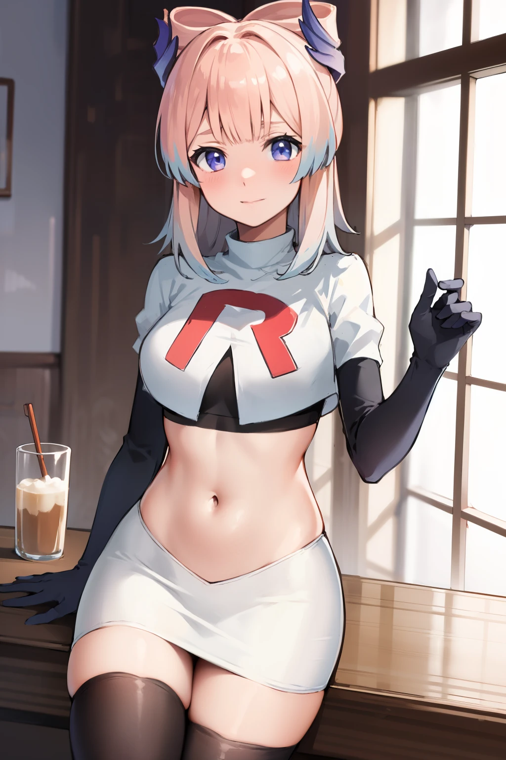 kokomidef, blush, short hair, looking at viewer, team rocket,team rocket uniform,white skirt,crop top,black thigh-highs,black elbow gloves,