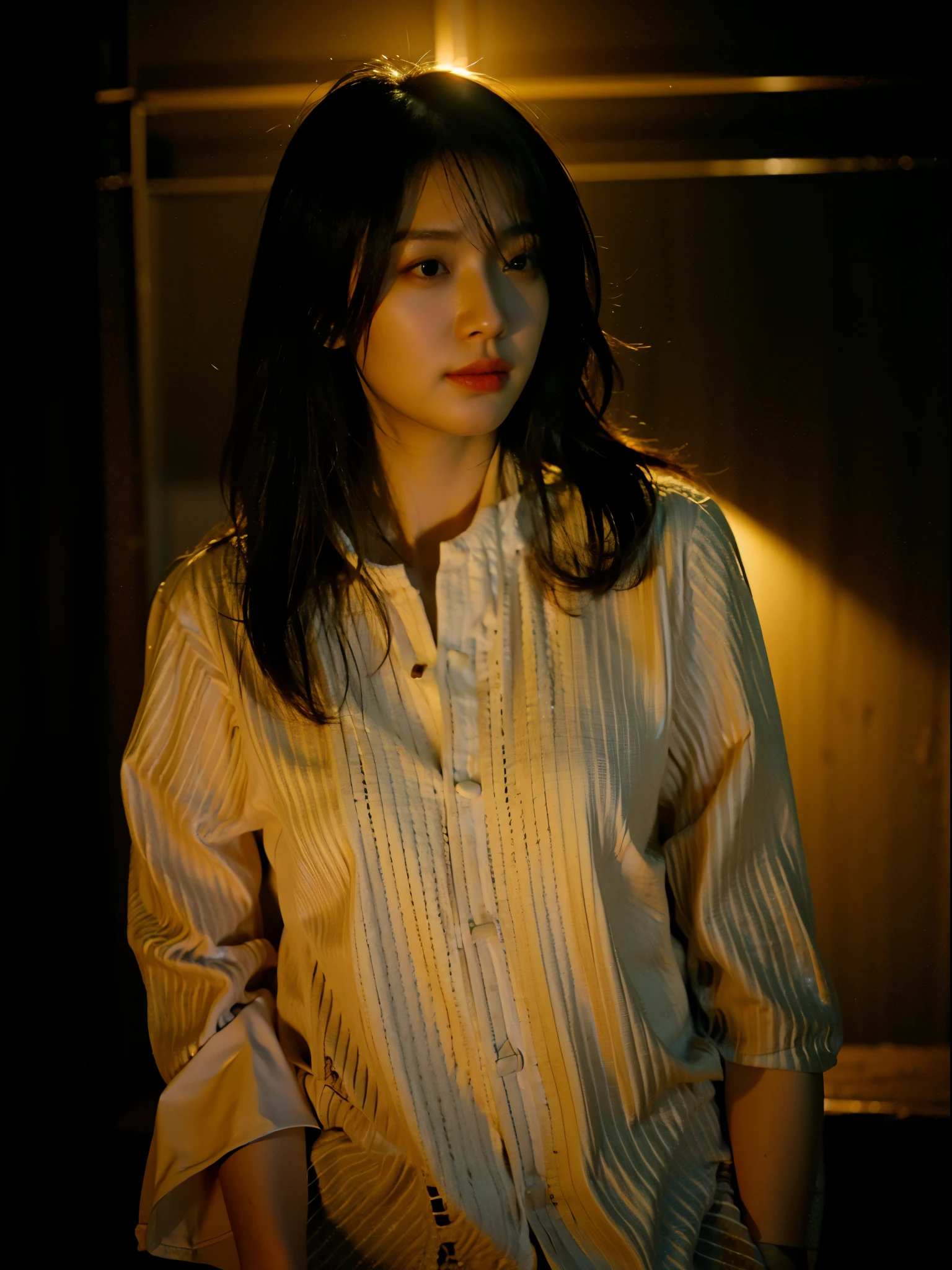 a beautiful Chinese woman, 35 years old, photo realistic, dynamic lighting, atmosphere lighting, very detailed faces, 4 k, award winning,, 1girl, in the dark, deep shadow, low key, long hair, black hair, black eyes.