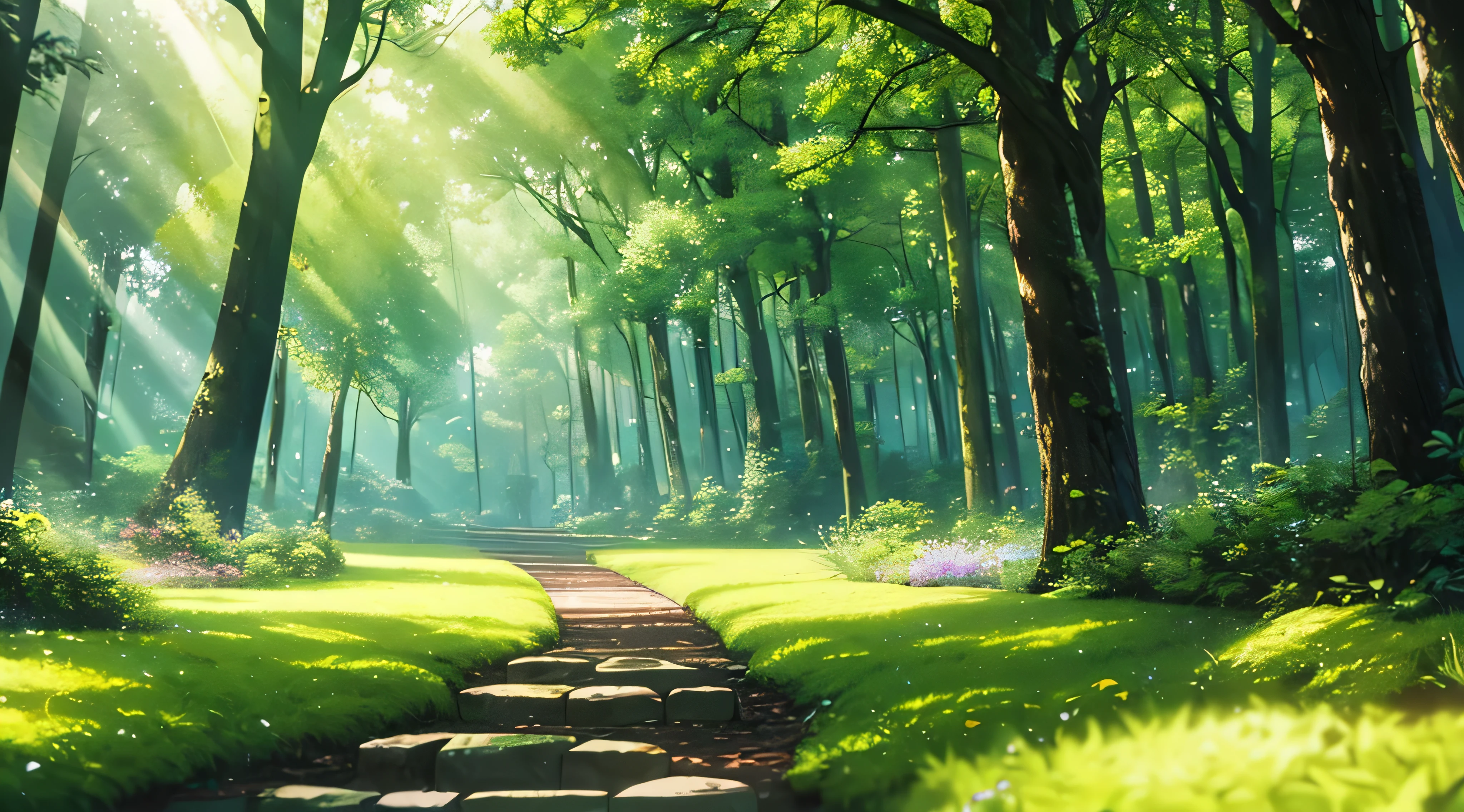 (un bosque con un camino en el centro,sunlight passing through the leaves of the tree,ultra detallado,Realista,high resolution:1.2),cubierto de musgo,Antiguo,cuchicheo, Tall trees,rayos de luz dorada,Ambiente tranquilo,birds singing softly,olor a pino,Vida silvestre oculta,sereno,peaceful,cautivador,Paisaje majestuoso,Colores vibrantes,sombras suaves,luz del sol moteada,brisa sutil,follaje denso,crujir hojas bajo los pies,serenidad,panoramic walk,belleza intacta,Infinite vegetation,exuberante maleza,magical,Dream atmosphere.