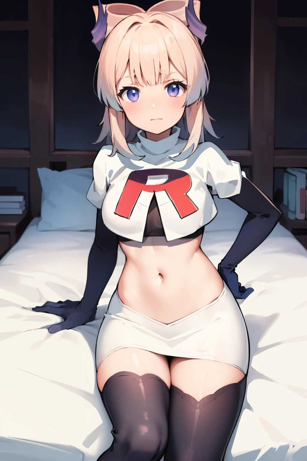 kokomidef, blush, short hair, looking at viewer, team rocket,team rocket uniform,white skirt,crop top,black thigh-highs,black elbow gloves,