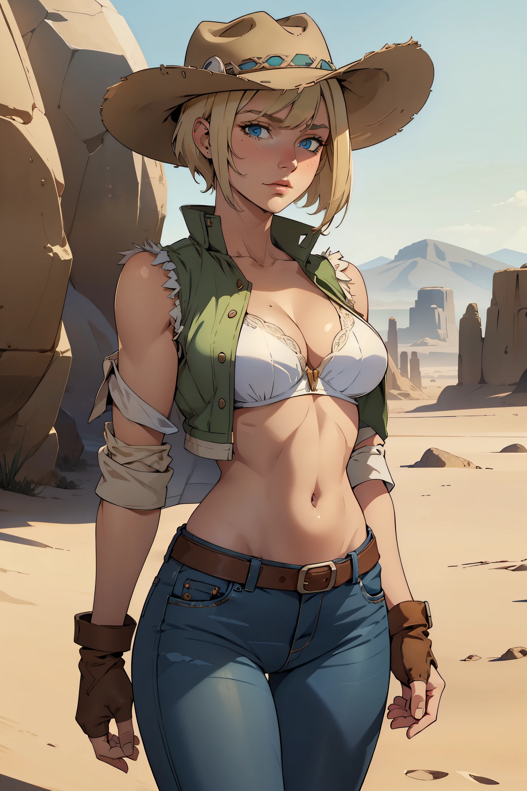 1girl, cowboy hat, white bra, green vest, no sleeve, navel, blue jeans, brown boots, fingerless gloves, short hair, blonde hair, parted bangs, blue eyes, mole under right eye, american old west, desert background, best quality, masterpiece