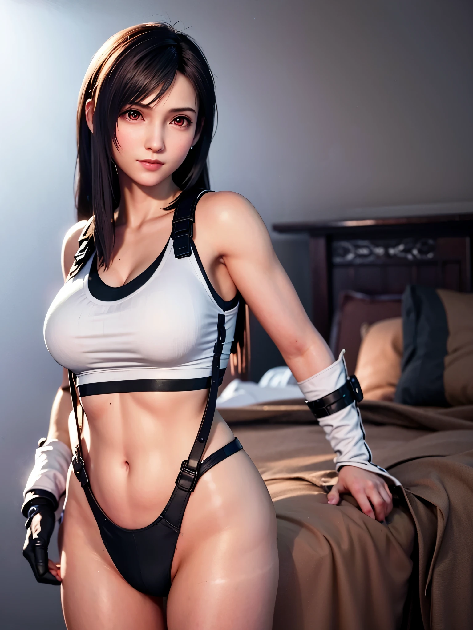 (, blush, 20yo, narrow eyes) (Photorealistic: 1.4), Solo, Top Quality, Very Delicate and Beautiful, High Definition, 1girl, tifa_lockhart, Smile, Cowboy Shot, Suspenders, Low Rise, Mini Skirt, Tank Top, Tense Shirt, Black Hair, Long Hair, Elbow Gloves, Beautiful Detailed Red Eyes, Face Light, Movie Lighting, Navel, ( gigantic breasts: 1.0), on bed, turn back, show her butt, panty, background blurred, fluttering hair, beautiful woman