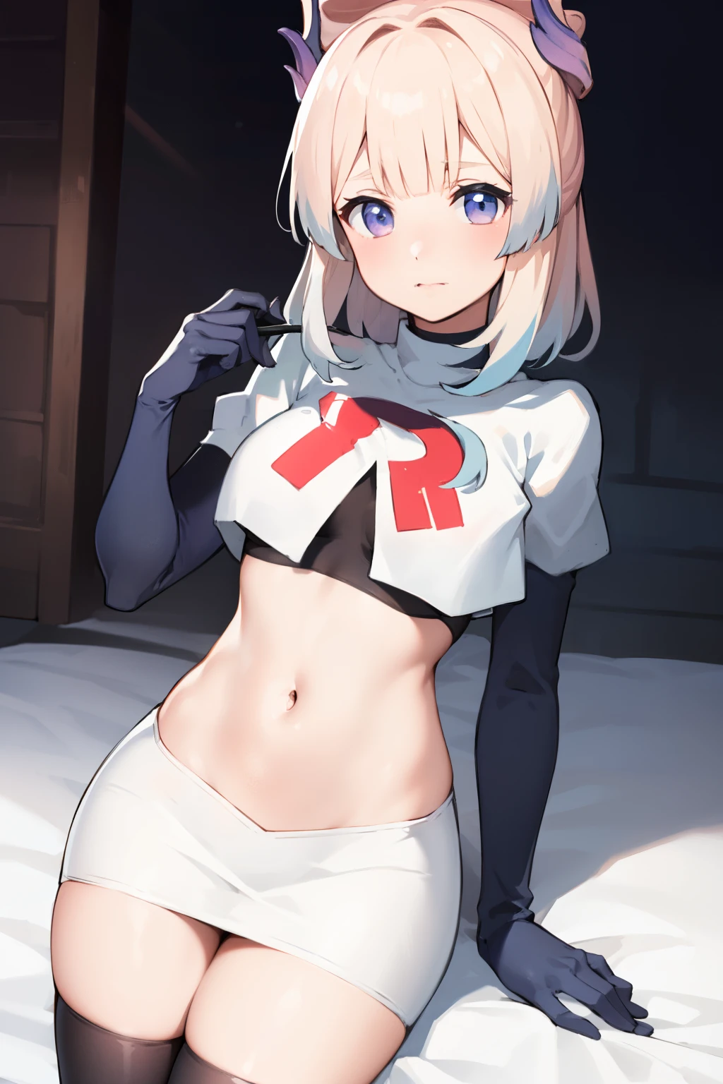 kokomidef, blush, short hair, looking at viewer, team rocket,team rocket uniform,white skirt,crop top,black thigh-highs,black elbow gloves,