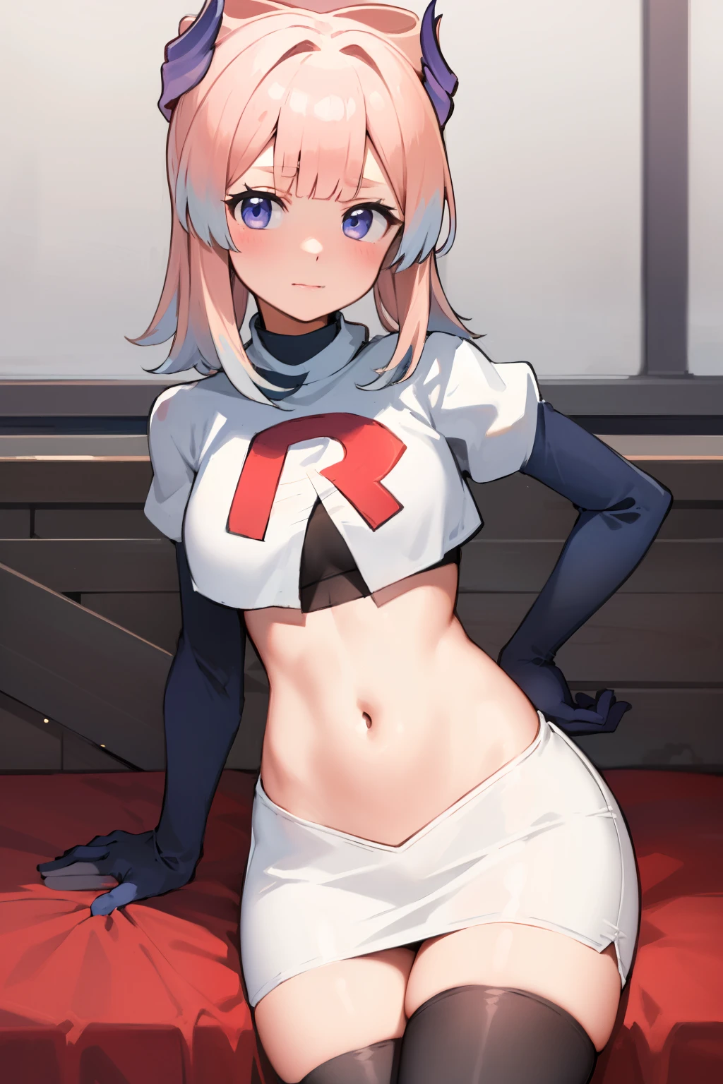 kokomidef, blush, short hair, looking at viewer, team rocket,team rocket uniform,white skirt,crop top,black thigh-highs,black elbow gloves,
