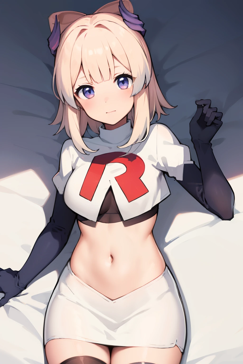 kokomidef, blush, short hair, looking at viewer, team rocket,team rocket uniform,white skirt,crop top,black thigh-highs,black elbow gloves,