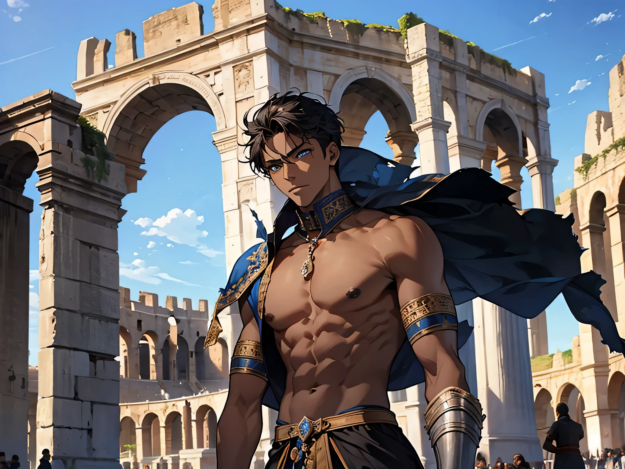 many thin young man, dark skin, slavery, this man is a slave, gladiator, colloseum, blue sky, medieval times, torn clothes