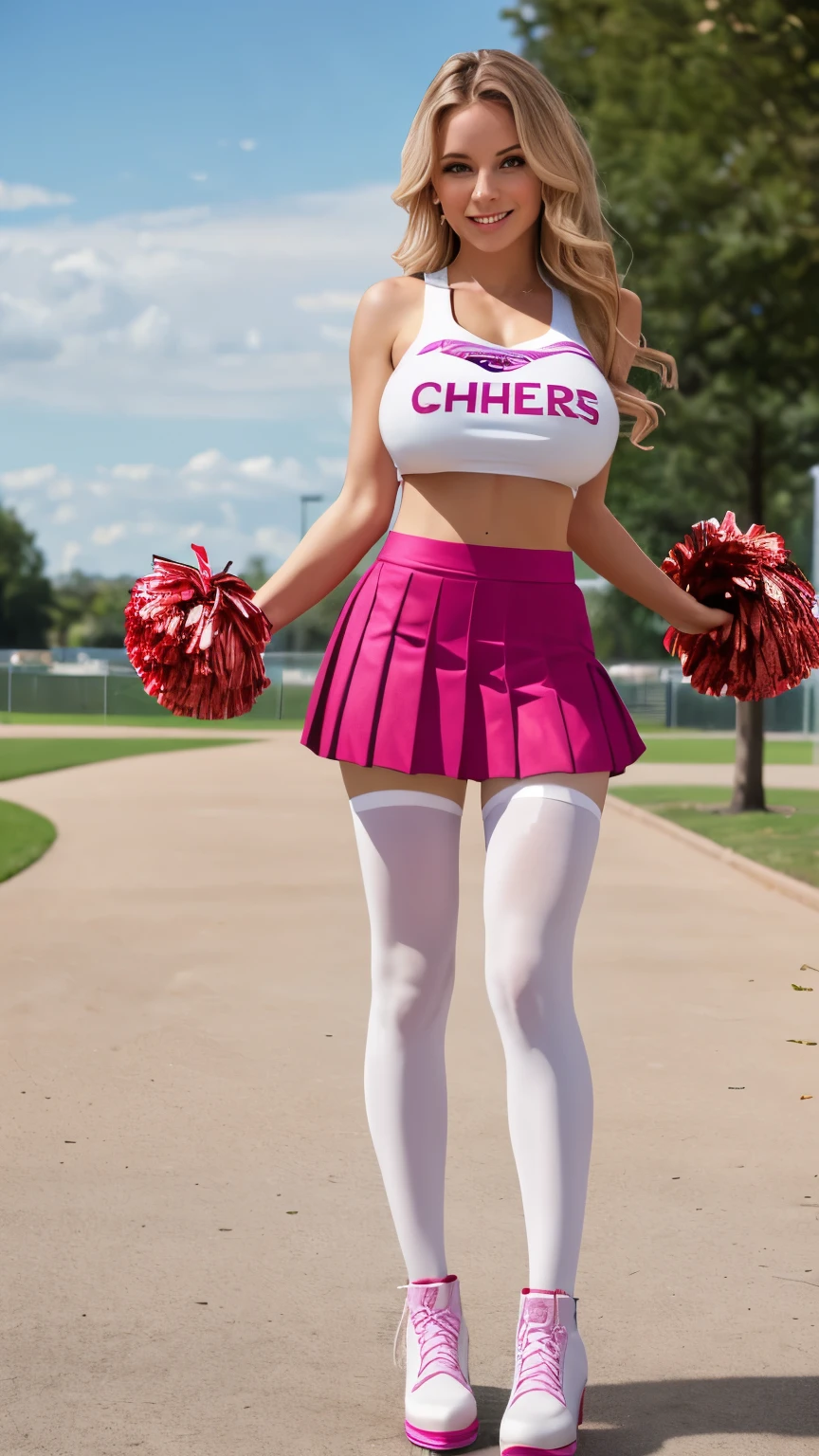 (a cheerleader), her team colors are white and pink, (huge breasts:1.2), (her cheerleader skirt is pleated and pink:1.1), (her cheerleader top is white), low wedge heel booties, long straight platinum-blonde hair covering one eye, (wearing shiny sheer brown pantyhose on her toned legs:1.0), small hips, small butt, cheerleader pose, thin, skinny, fit, short, athletic, backdrop of a park, masterpiece, 8k, amazing detail, emphasis on her legs and feet,