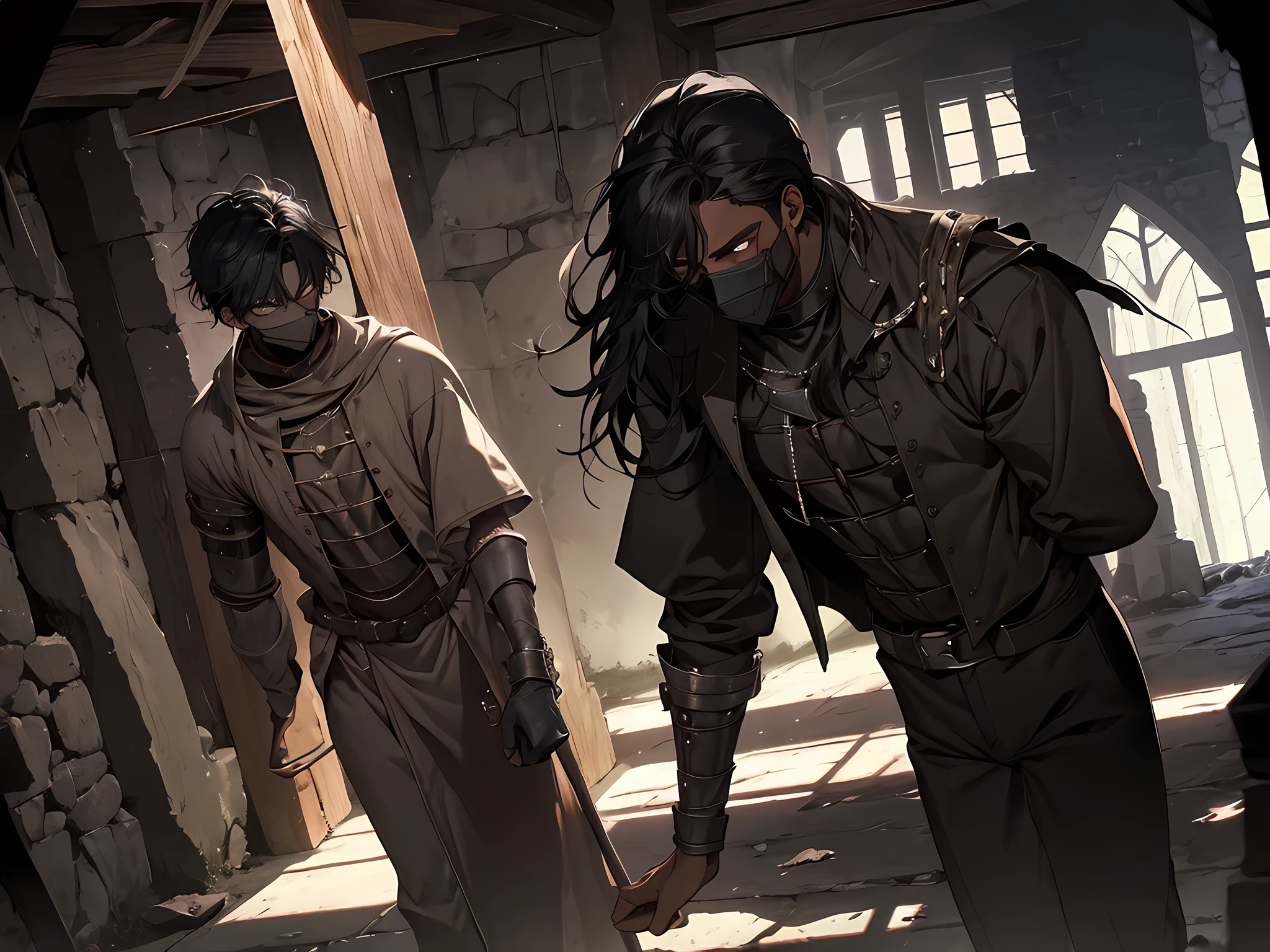 many thin young men, dark skin wearing mask, slavery, this man is a slave, black hair, in a prison, dungeon, dark, medieval times, frustrated, torn clothes, in bedroom, talking, dark night