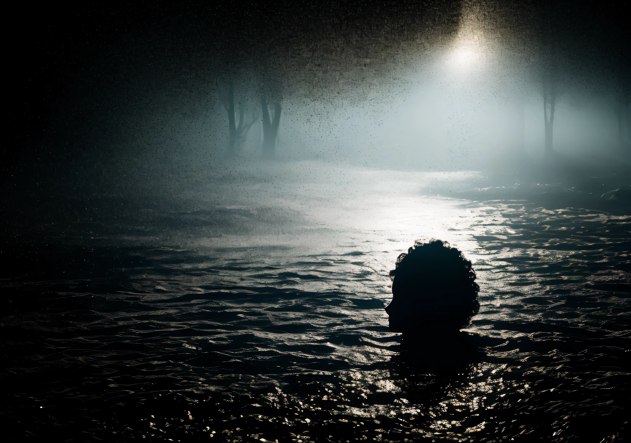 Silhouette of a human head immersed in total darkness, exceto por uma pequena fonte de luz afastada. intenso, deep shadows highlight the loneliness and vulnerability of the moment. 24mm angled lens to reveal the extent of the surrounding darkness and enhance the impression of isolation. Cor: Preto e branco. 4k resolution, with strong contrast between the absence of light and the small light source.