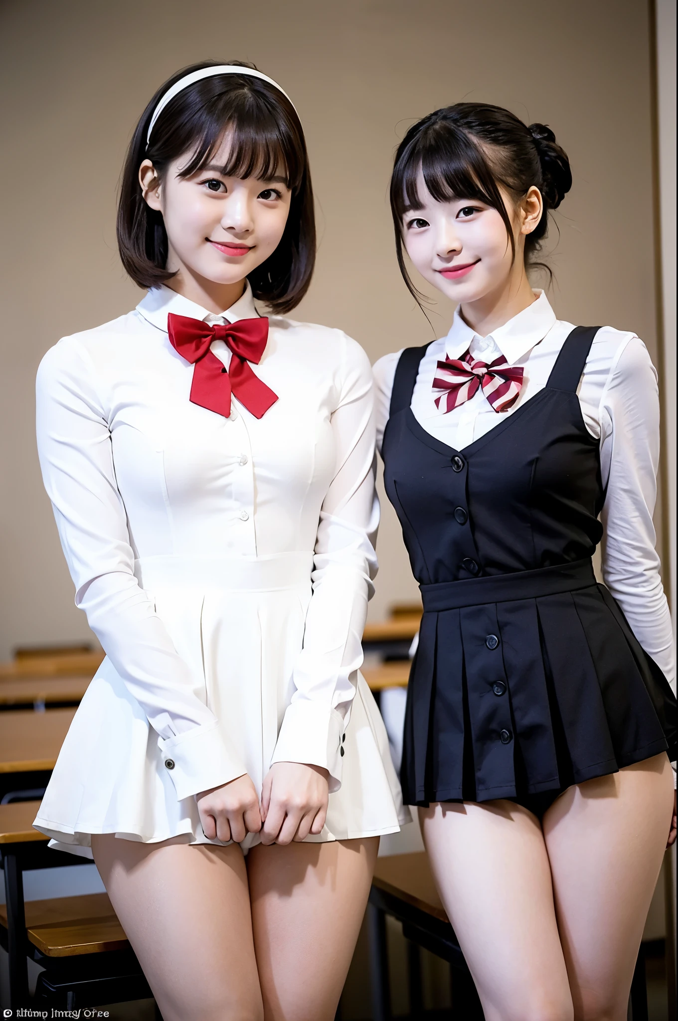 2 girls in classroom,white long-sleeved skirted leotard with button,red bow tie,18-year-old,bangs,a little smile,thighs,knees,short cut hair,low ponytail,from below,front-lighting