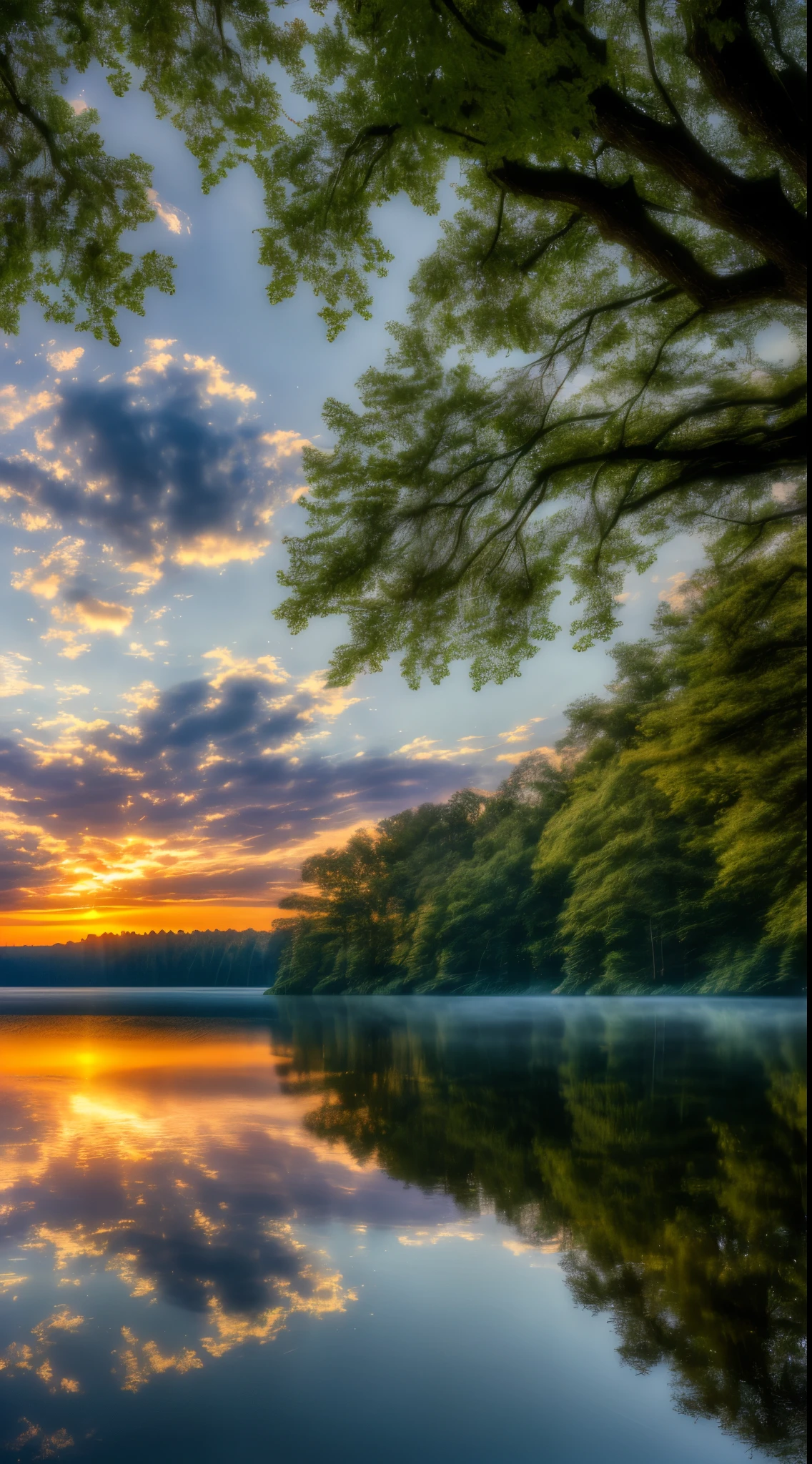 Wallpaper, summer, lake, dawn, forest, clouds, dawn background, depth of field, HD detail, hyperdetail, cinematic, soft light, deep field focus bokeh, ray tracing, diffuse (ultra-fine glass reflection) and realism. --v6
