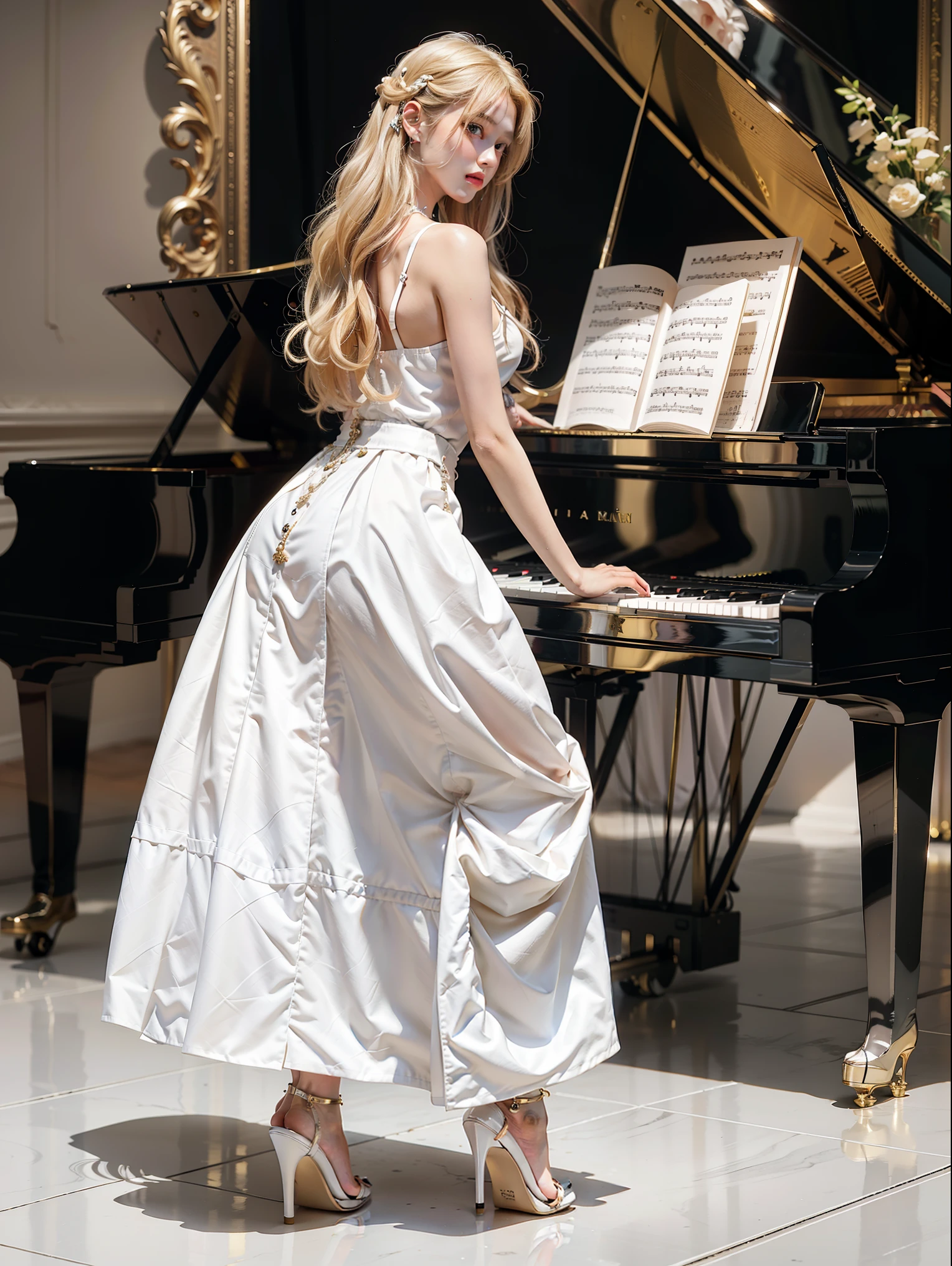 masterpiece, Extreme Quality, smooth skin, 8k, HD, 1 girl, blonde hair, black eyes, Gorgeous hairpin, White long skirt, Gorgeous, Golden decoration, white high heels, Accessories, Play the piano, Black piano, white piano chair, The ground is like a mirror, reflection, Leica,