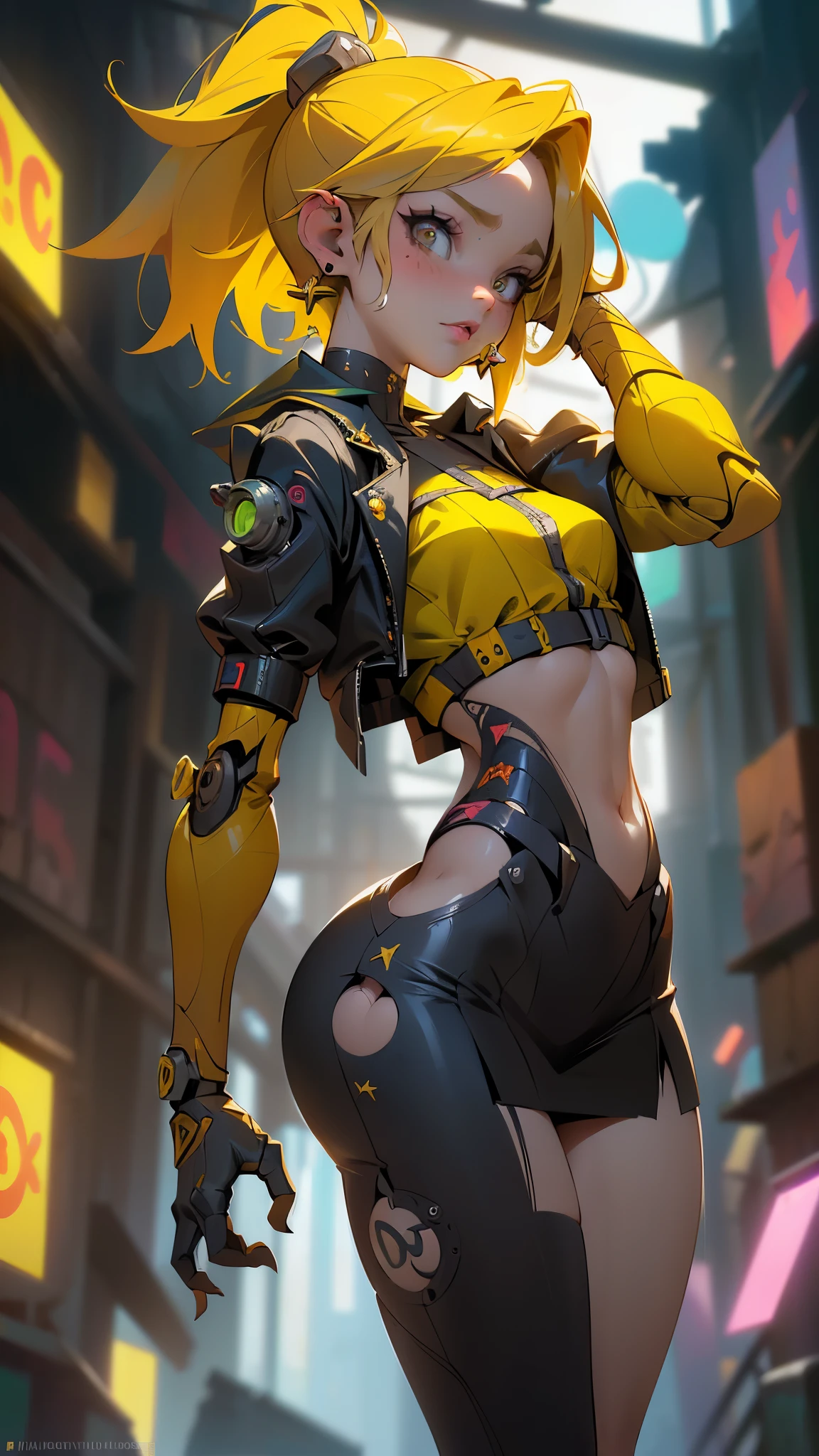 (rear view, backside view)、(La mejor calidad,A high resolution,Ultra - detallado,actual),Ariana Grande en miniskirt yellow , retrato, (Superchica zombi de DC:1.4 ) , (biomech yellow :1.4 ) , robot complejo, crecimiento completo, Hyper realistic, crazy little details, extremely clean lines, (ciberpunk aesthetic) , (obra maestra presentada en Zbrush Central) , brutalist gothic cathedral, ciberpunk, foto premiada, bokeh, neon lights, cyber member, (pose vaquero) ,More detailed 8K.motor irreal:1.4,UHD,La mejor calidad:1.4, fotorrealista:1.4, textura de la piel:1.4, obra maestra:1.8,obra-prima, mejor calidad,objeto Objeto], (detailed face features:1.3), (chemical laboratory ruins background:1.4 ), (ciberpunk 2.1), (convexo dedos detallados), (Perfect anatomy), (hermosos ojos azules),( lingerie yellow) 