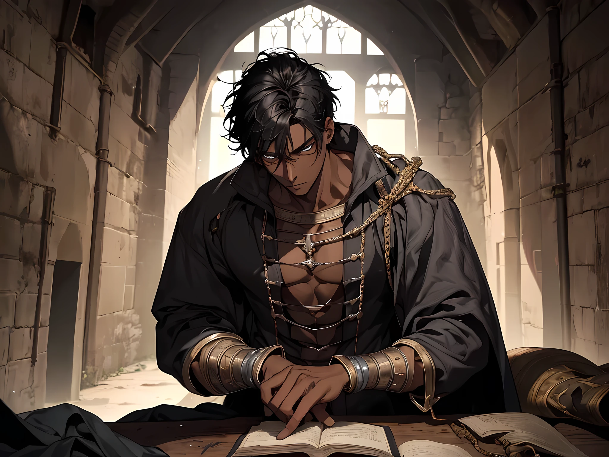 many thin young men, dark skin, slavery, this man is a slave, black hair, in a prison, detailed eyes, detailed face, detailed nose, handsome man, highres, dungeon, dark, medieval times, frustrated, torn clothes, in bedroom, talking, dark night