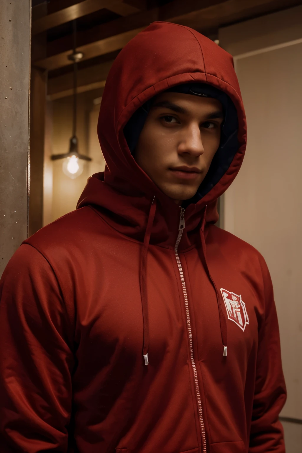 athletic man wearing red hoody covering all head:: looking front camera:: good illumination