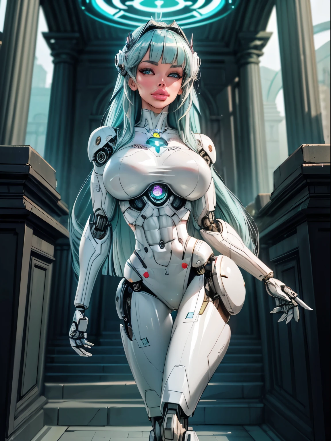 ((front view)),looking straight to viewer, ((light aqua hair:1.4)), There is a woman in a robot suit ((posing inside futuristic Roman building)), ((long side burns)), ((long hair bangs:1.5)), ((Beautiful white girl half cyborg)), ((hair partly covers eyes)), Cute cyborg woman, Beautiful girl cyborg, (aletta ocean face), (puffy lips), Perfect Robot Girl, Cyborg girl, intricate details, Young cyborg lady, Beautiful Female Robot, ((robotic abs:1.4)), intricate holes on hips, Beautiful robot woman, cyborg girl, perfect cyborg female, ((porcelain cyborg)), Female robot, Beautiful cyborg images, (cinematic lighting)