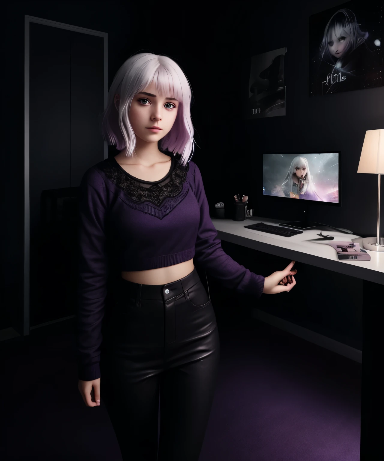 (best quality,4k,highres,masterpiece:1.2),ultra-detailed,(realistic:1.37),(beautiful:1.1) cute teen girl with (white hair:1.1) and (big dark eyes:1.1), (crop hair:1.1), an e-girl, is depicted in a (gamer bedroom:1.1). A super realistic image that shows a beautiful little teen e-girl with a short dishevelled white hair, the girl are in her bedroom with a soft lilac light on background that turns her gamer bedroom the ambient soft and cozy, the image focuses youthful face with dark eyes. The image of the girl on her bedroom that is a low light environment give a feeling of a comfort and cozy at lonely and calm night. Ins't possible to see the blurry and dark lilac background, is only possible see the girl in a dark ambient. The background is blurry and the girl occupies the most of the image. She has a very short hair(crop hair:1.1).