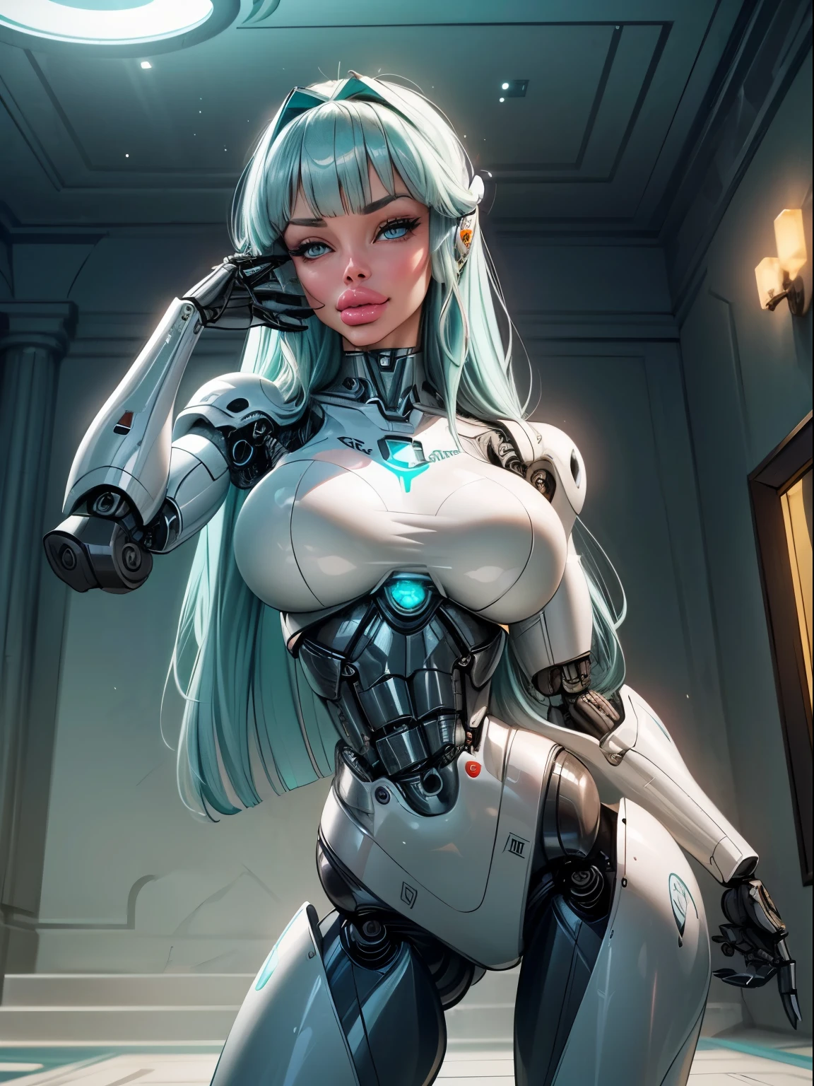 ((front view)),looking straight to viewer, ((light aqua hair:1.4)), There is a woman in a robot suit ((posing inside futuristic Roman building)), ((long side burns)), ((long hair bangs:1.5)), ((Beautiful white girl half cyborg)), ((hair partly covers eyes)), Cute cyborg woman, Beautiful girl cyborg, (aletta ocean face), (puffy lips), Perfect Robot Girl, Cyborg girl, intricate details, Young cyborg lady, Beautiful Female Robot, ((robotic abs:1.4)), intricate holes on hips, Beautiful robot woman, cyborg girl, perfect cyborg female, ((porcelain cyborg)), Female robot, Beautiful cyborg images, (cinematic lighting)