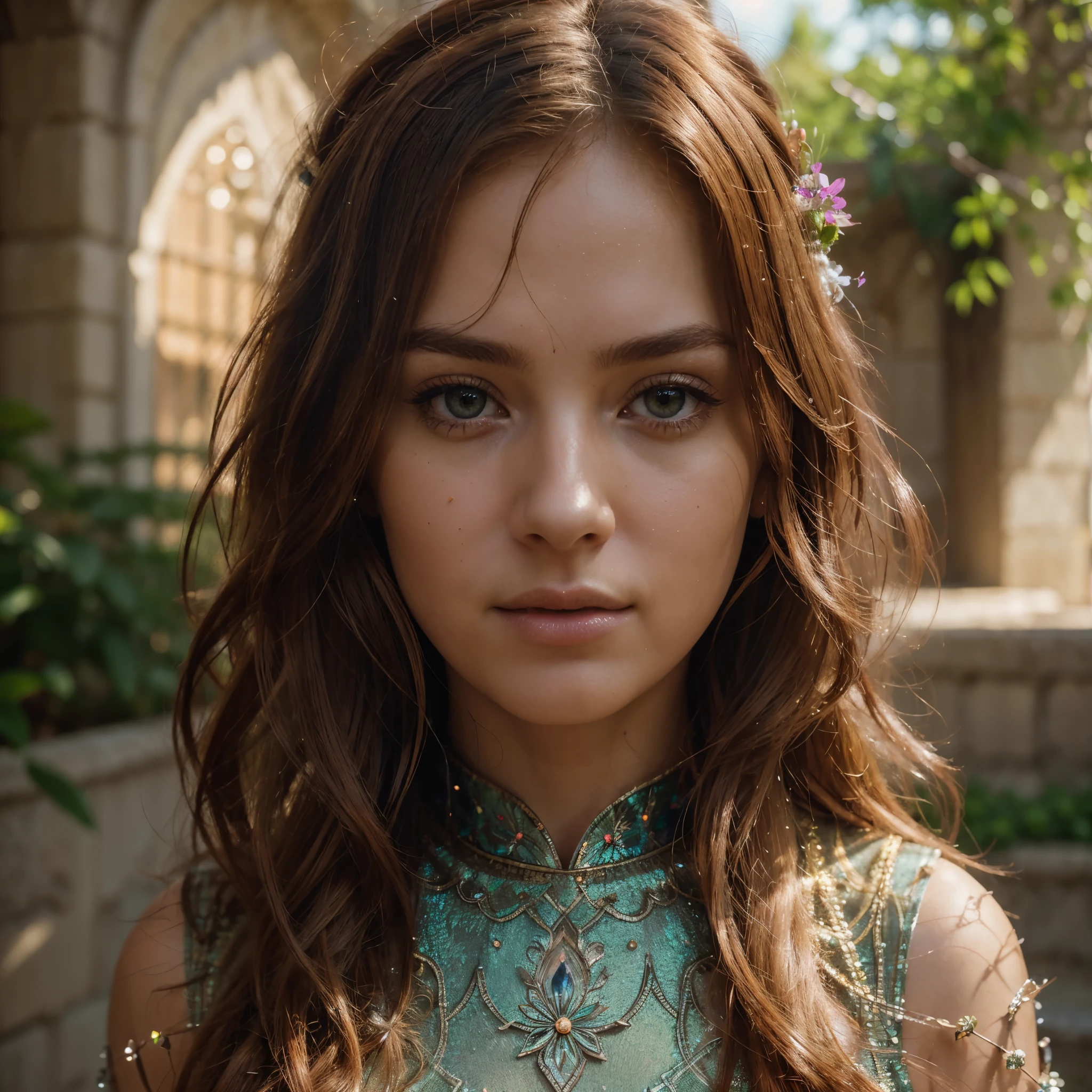 RAW uhd portrait of 24-year-old blonde, Natural red hair, castles, Wavy, (brown-eyed woman) Realistic professional photo, a beautifull intricate winter garden with many flowers, very high details, very detailed, emitting diodes, smoke, sparks, racks, hyperrealism, 4k resolution, Broken Glass effect, no background, stunning, something that even doesn't exist, mythical being, energy, molecular, textures, iridescent and luminescent scales, breathtaking beauty, pure perfection, divine presence, unforgettable, impressive, breathtaking beauty, Volumetric light, auras, rays, vivid colors reflects, ultra hd, realistic, vivid colors, highly detailed, UHD drawing, perfect composition, beautiful detailed intricate insanely detailed octane render trending on artstation, 8k artistic photography, photorealistic concept art, soft natural volumetric cinematic perfect light, Prehistory, garden, redhead, (Yellow Summer Dress), (cutout), Detailed (textures!, Hair!, brightness, Color!, imperfections:1.1), High detail of light eyes, (looking at the camera), specular lighting, dslr, ultra quality, sharp-focus, Sharp, Depth of field, Film grain, (centered), Fujifilm XT3, Crystal clear, The center of the frame, cute face, sharp-focus, bokeh, (dimly lit), Low key, (day sky) day.