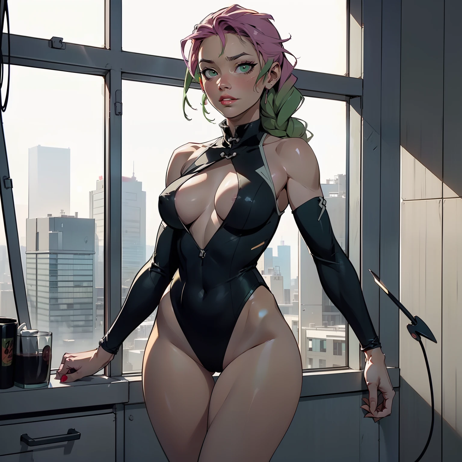 Hyper realistic super detailed sexy Mitsuri Kanroji, NSFW, Very detailed, expressions faciales sexy, seductive facial expressionace detail: 1.4): 0.4], 16K resolution, 4k resolution, dinamic lighting, High definition resolution, (sexy pose, Position attrayante), (hyper realistic: 1.4),  , (sun light: 1), (pleine hauteur: 1.8),(contrasting background: 1.5), (Anatomy of the hyperrealistic arm), (Hyperrealistic anatomy of the legs), (peau propre), (lighting cinematic: 1.7), (intime), (Technologie NVIDIA RTX Ray Tracing), (Ventre plat parfait), (image couleur),Create a 4K resolution, ultra-realistic, and extremely detailed artwork featuring a Mitsuri Kanroji in a corporate office setting with a provocative style. Mitsuri Kanroji  the central character in the artwork. She stands in front of a big glass window of a modern office offering a cityscape view.

 ((Mitsuri Kanroji (from "demon slayer"))), a girl with long green-pink gradient hair and green eyes, green hair, gradient hair, multicolored hair, long hair, braided hair, She has a commanding presence. She has a provocative yet professional silhouette,  emphasizes her figure. Her makeup  bold, with striking red lips and a gaze that demands attention.

She  dressed provocatively,  a bold fashion statement. yellow leotard, orange leotard, thigh gap, bare shoulders, a touch of glamour to her overall appearance. shy and slight smile, thigh gap