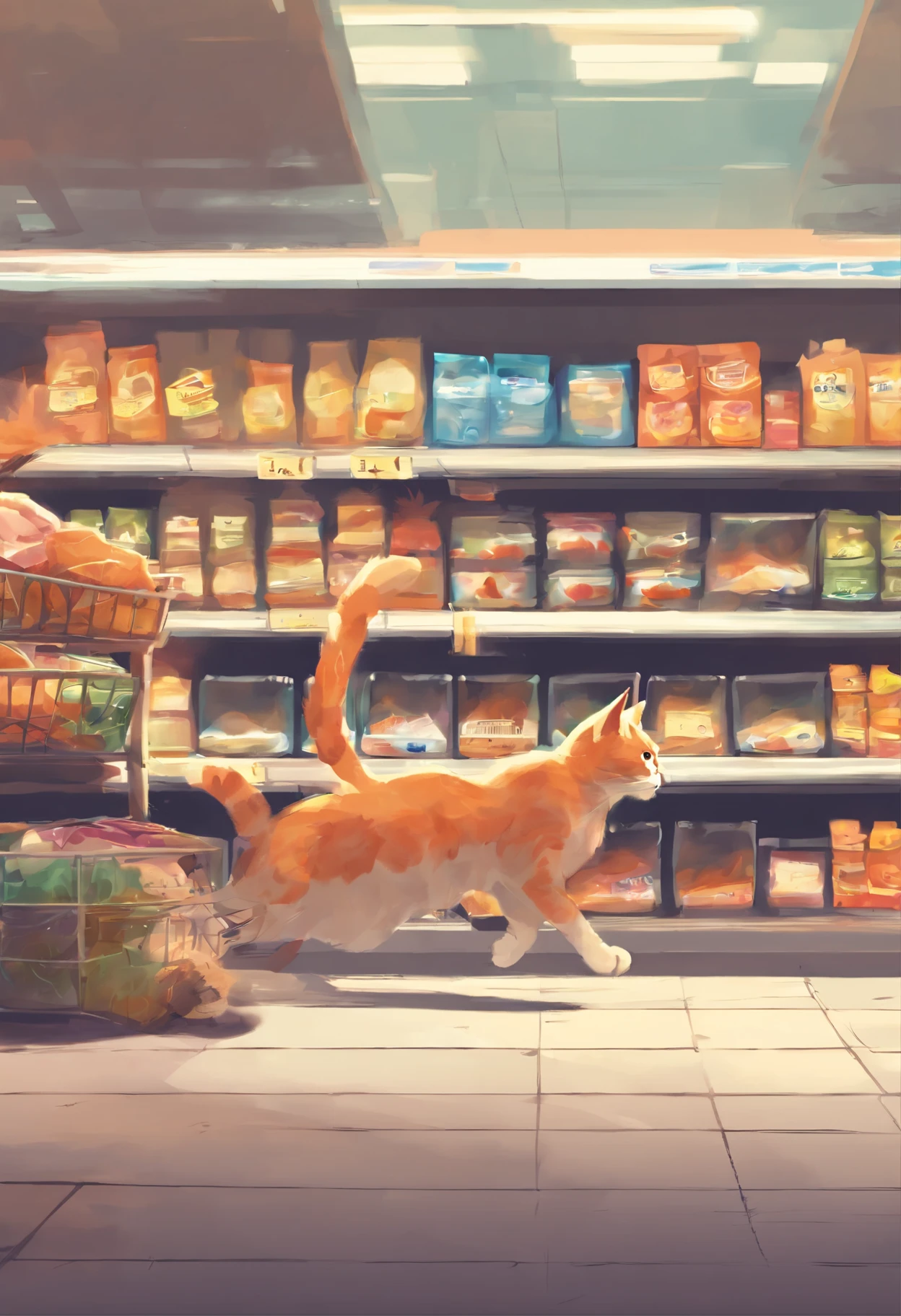 A cat wandering around a supermarket A cat stealing fish A cat running out of a supermarket and being chased by a police car
