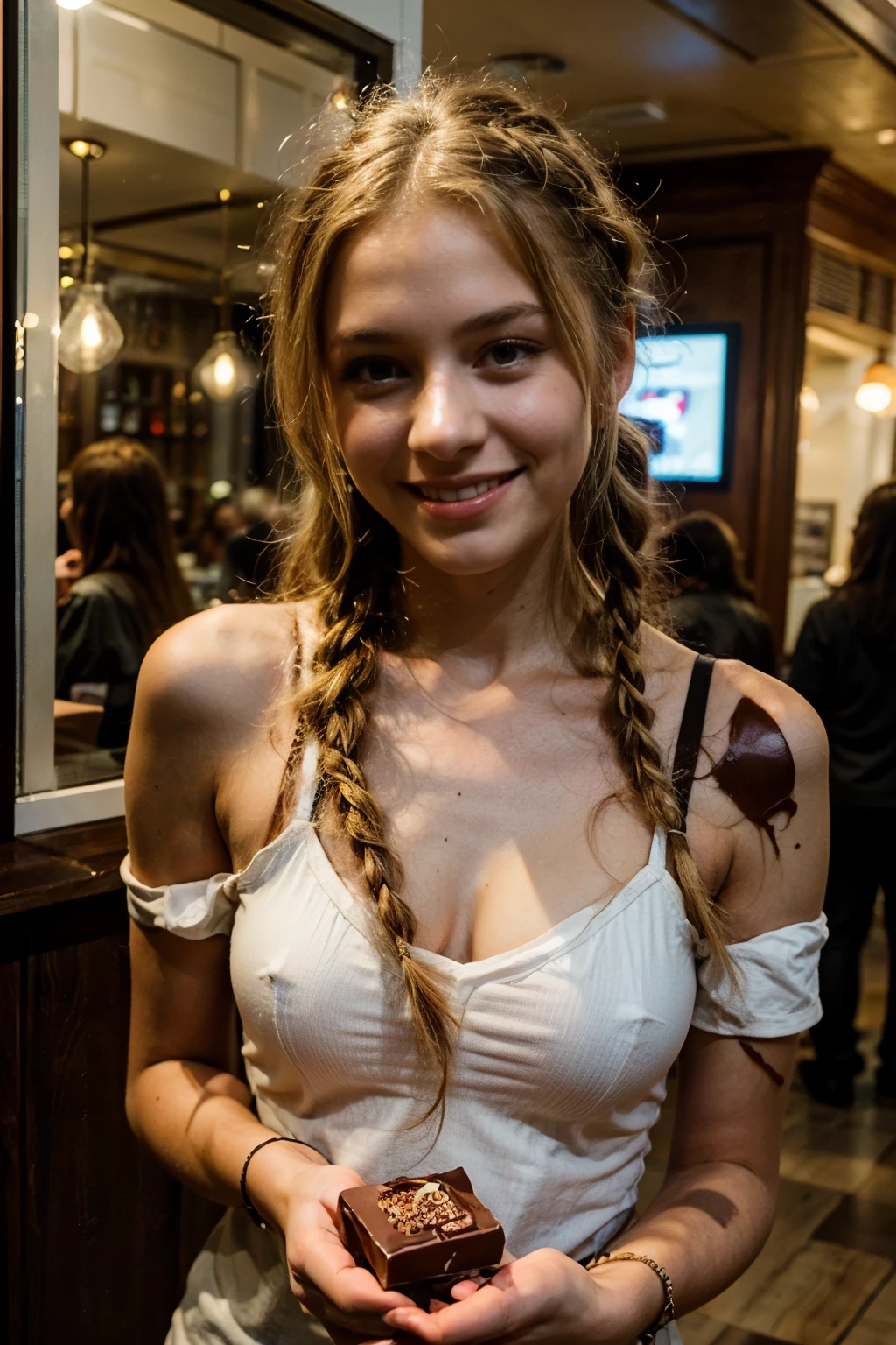 a 20 year old girl with blonde braided hair, in public, selfie, portrait, holding a chocolate , offering a chocolate towards camera , smiling