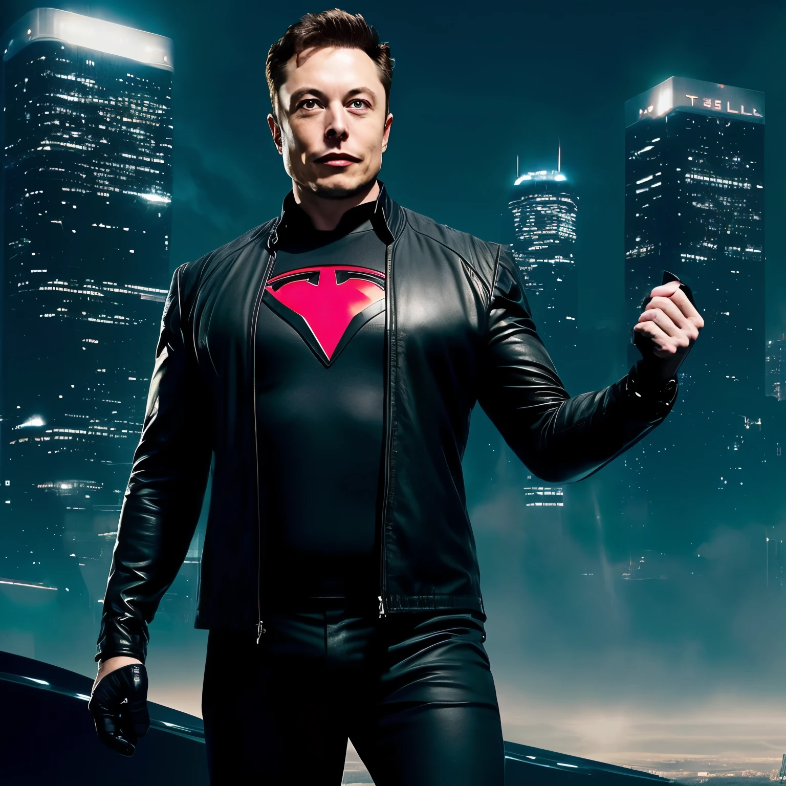 Generate a landscape-format image featuring Elon Musk dressed in a black leather superhero outfit adorned with the Tesla logo on the chest. Elon Musk should be depicted in a Marvel superhero style, exuding power and confidence. He should be holding a staff in his hand, reminiscent of a wizard's or a superhero's weapon, symbolizing his visionary leadership and innovative prowess. The background should showcase futuristic elements, such as Tesla vehicles, advanced technology, and a cityscape, further emphasizing Musk's role as a pioneering figure in the tech industry.