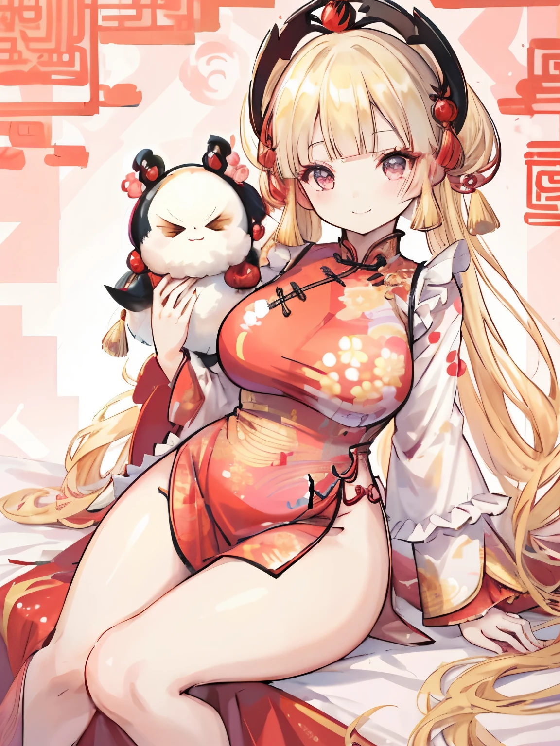 girl,light golden hair,Twin curly hair,BREAK//(double sleeve long sleeve),((Chinese dress with lots of frills:1.3)),((BREAK//)),((Kaminarimon pattern background:1.6)),close up of face,(holding a stuffed rabbit:1.2),(Cute smile),((plump breasts))