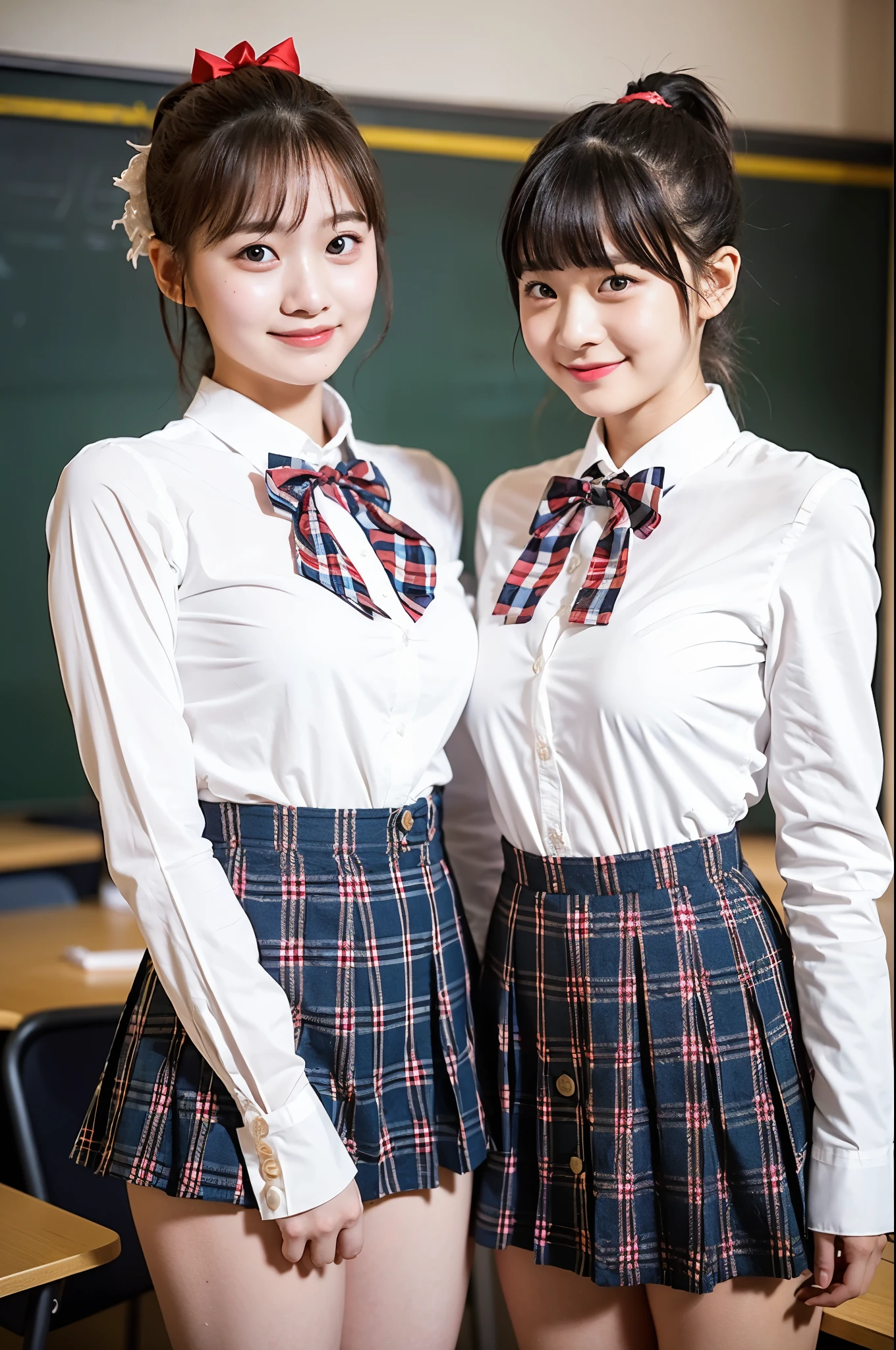 2 girls in classroom,white long-sleeved leotard with button,plaid pleated skirt,red bow tie,18-year-old,bangs,a little smile,thighs,knees,short cut hair,low ponytail,from below,front-lighting