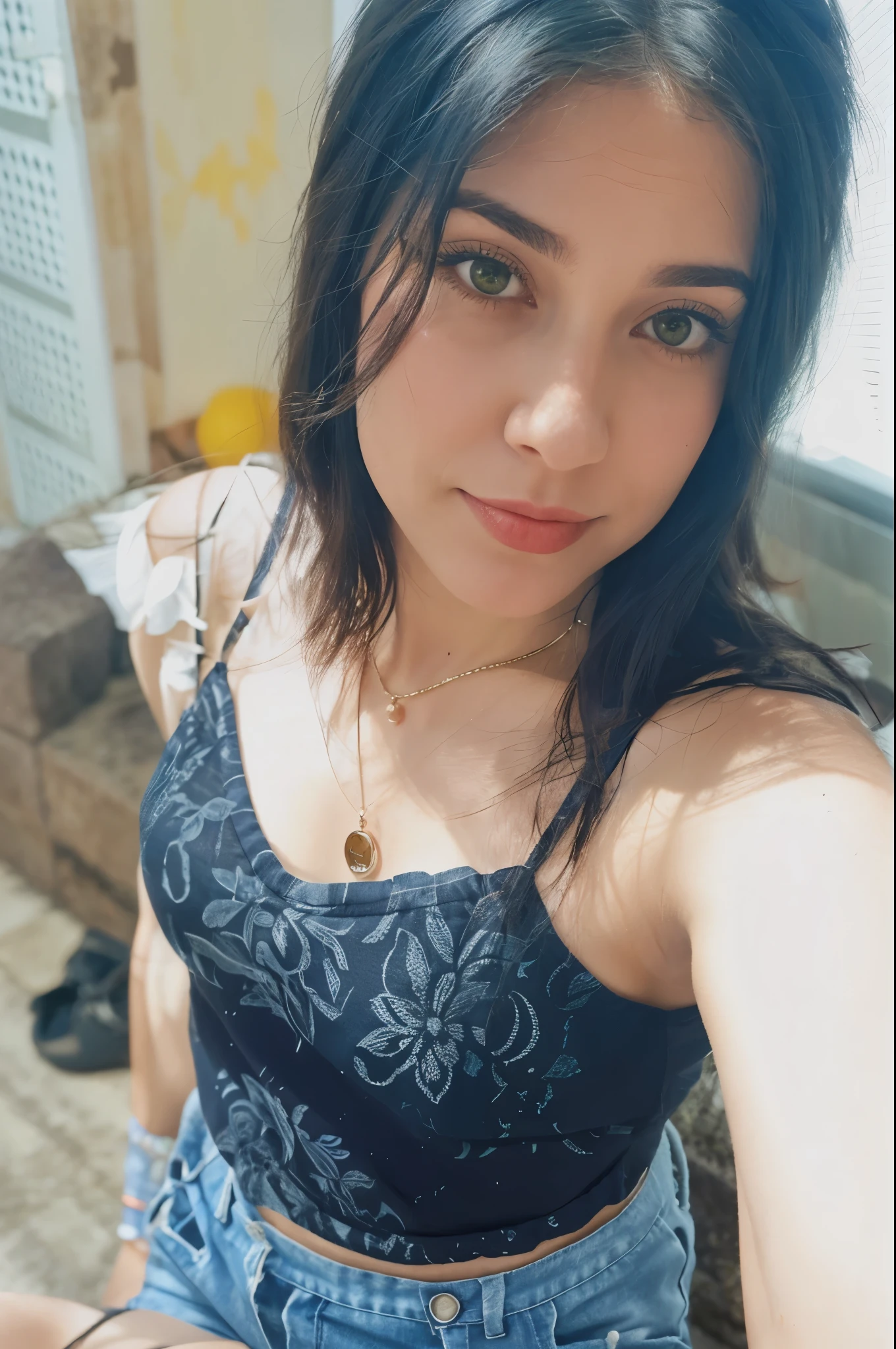 um close de uma mulher com uma blusa preta e shorts azuis, Mulher de 3 0 anos, mulher de 30 anos, ela tem cerca de 2 5 anos, ela tem cerca de 3 0 anos, ela tem cerca de 30 anos, Catarina, ela tem cerca de 2 0 anos, ela tem cerca de 20 anos