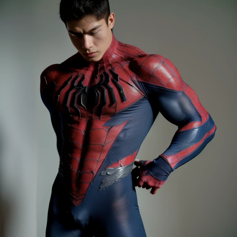 A (younscular mexican hero with severely ripped Spider-man suit, big muscles. Very handsome teen. full length shot