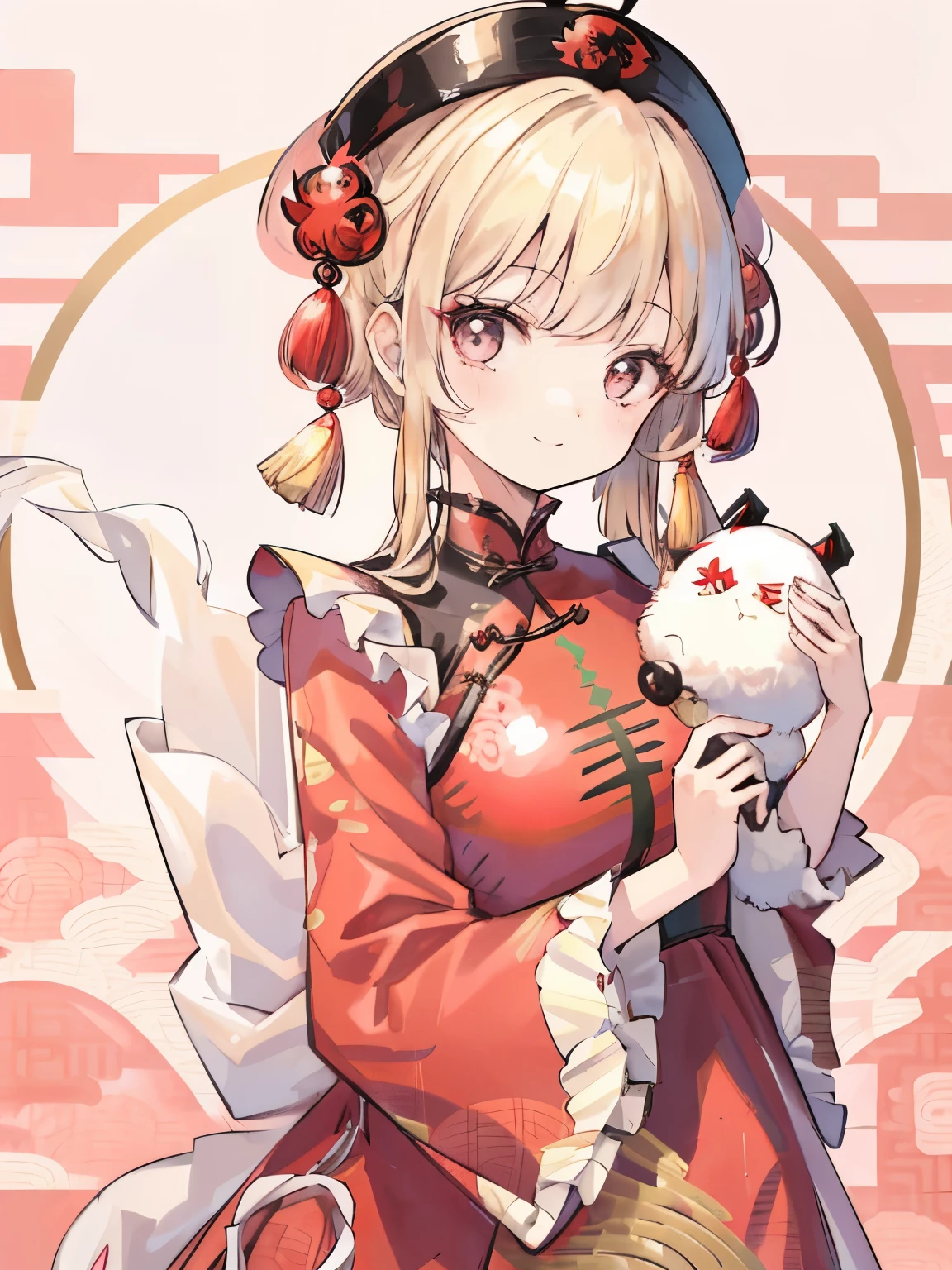 girl,light golden hair,Twin curly hair,BREAK//(double sleeve long sleeve),((Chinese dress with lots of frills:1.3)),((BREAK//)),((Kaminarimon pattern background:1.6)),close up of face,(holding a stuffed rabbit:1.2),(Cute smile),((plump breasts))