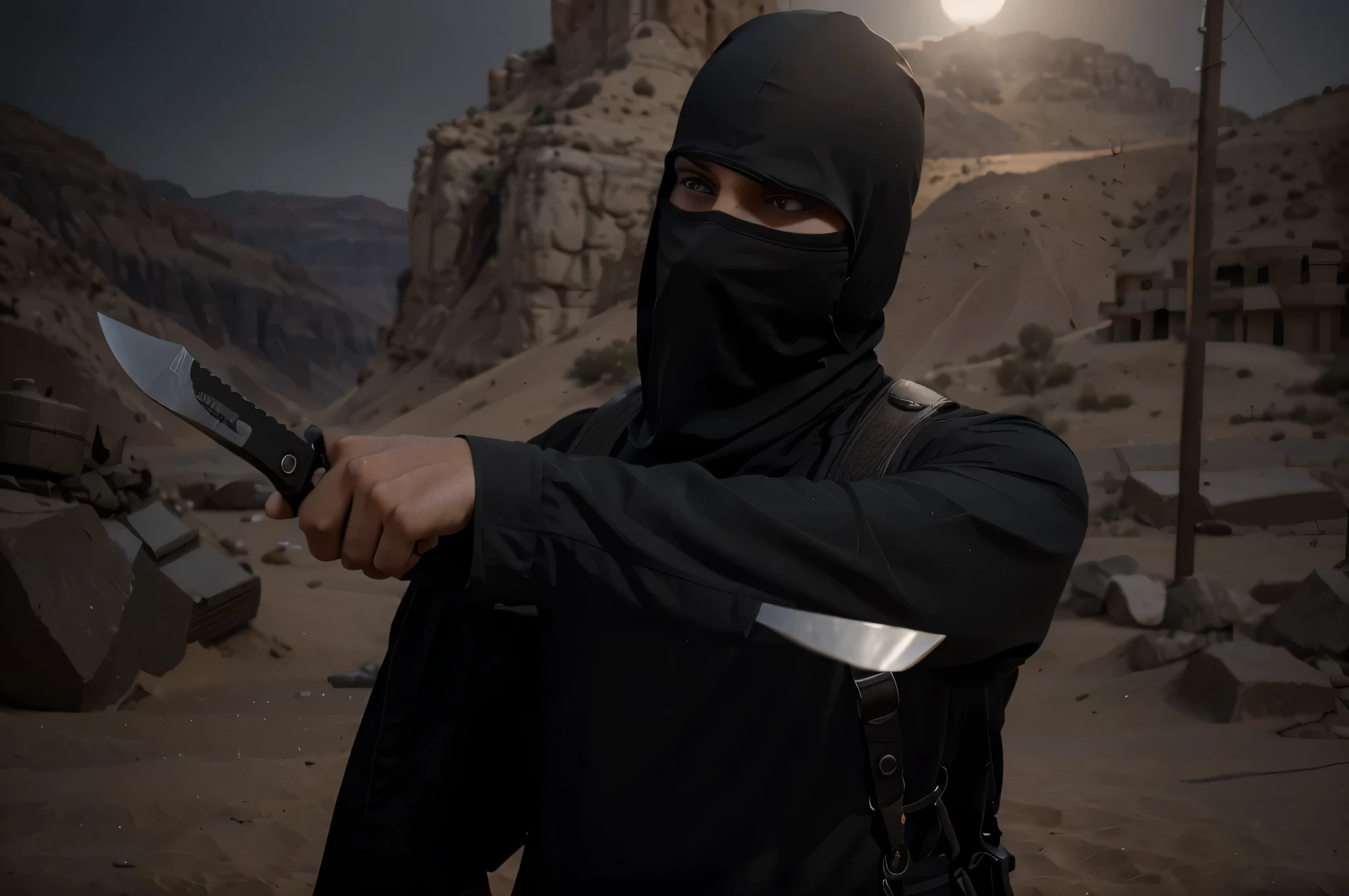 Soldado masculino, He covers his head with a black balaclava, tiene, y un hijab negro, uniforme ninja completamente negro, cinturones y arneses, lleva una cuerda, sostiene un cuchillo militar, he is in an arabian desert, noche, oscuridad, luz para caminar, 4k, ultra detallado image, Realista, muy detallado, perfect composition, gorgeous, Intrincadamente detallado, incredibly detailed, 8 k artistic photography, hiper detallado, obra maestra, ultra detallado, hyper Realista, 4k, ultra detallado image, Realista, muy detallado, perfect composition, hermoso, Intrincadamente detallado, incredibly detailed, 8K fine art photography, hiper detallado, obra maestra
