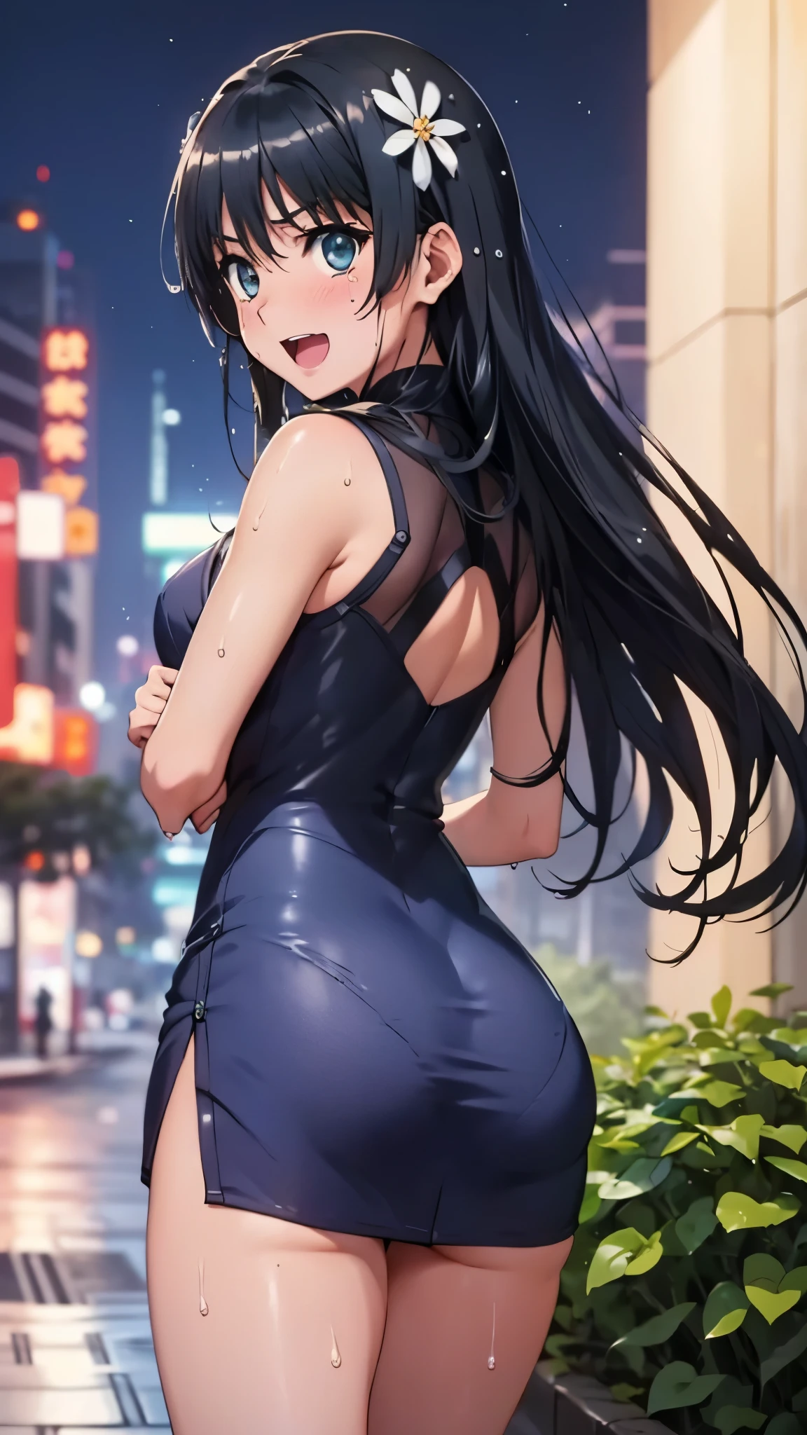 woman,14 years old,,city,night,(((white and blue tight miniskirt bodysuit))),,open mouth smile(())(See-through),(()),((Nariko Saten)),blush、surprised face,((())),((turn around and look back))(wet with sweat)