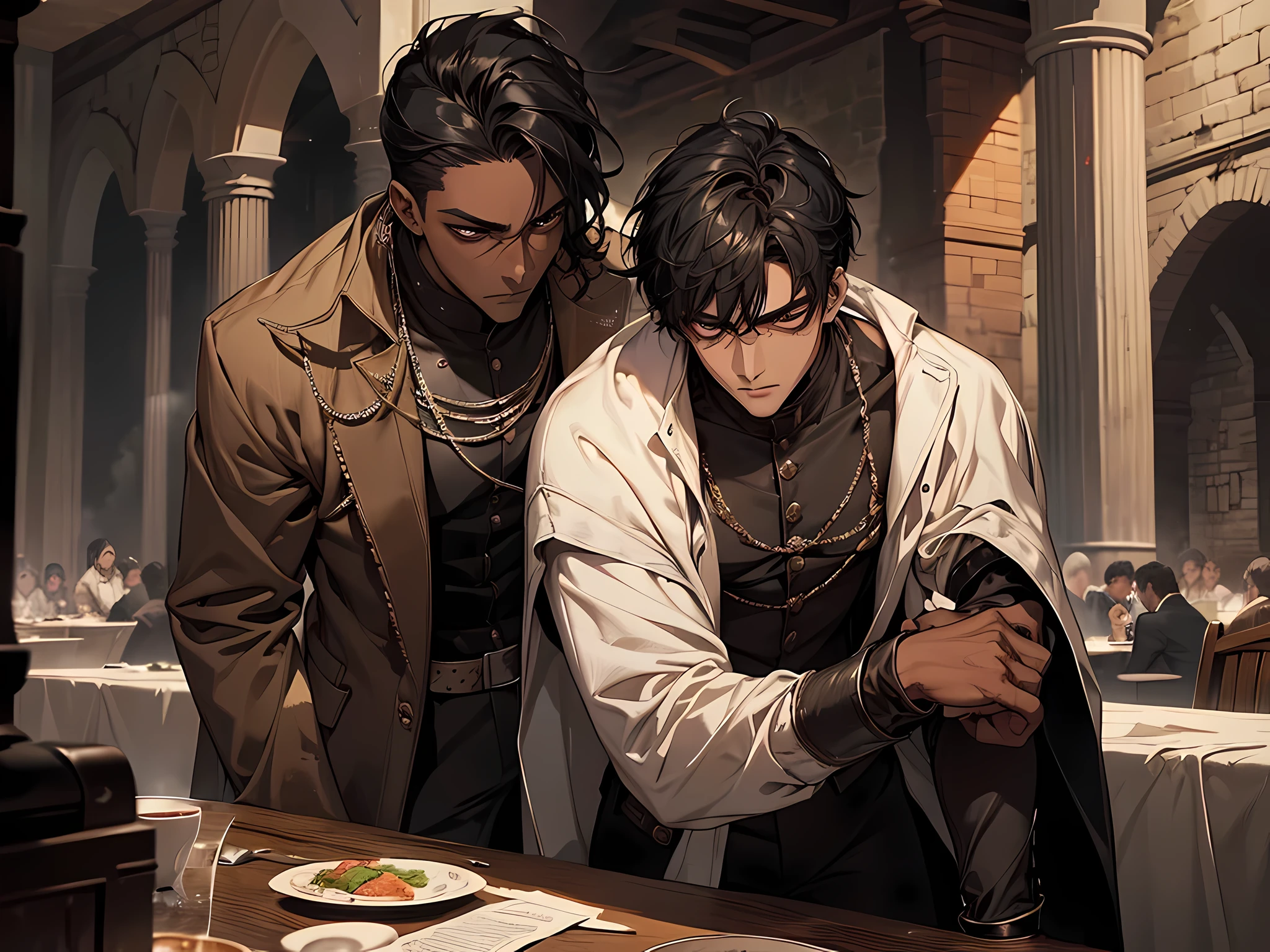 2 thin young men, dark skin, slavery, this man is a slave, black hair, in a prison, detailed eyes, detailed face, detailed nose, handsome man, highres, dungeon, dark, medieval times, frustrated, torn clothes, in dining hall, talking, dark night