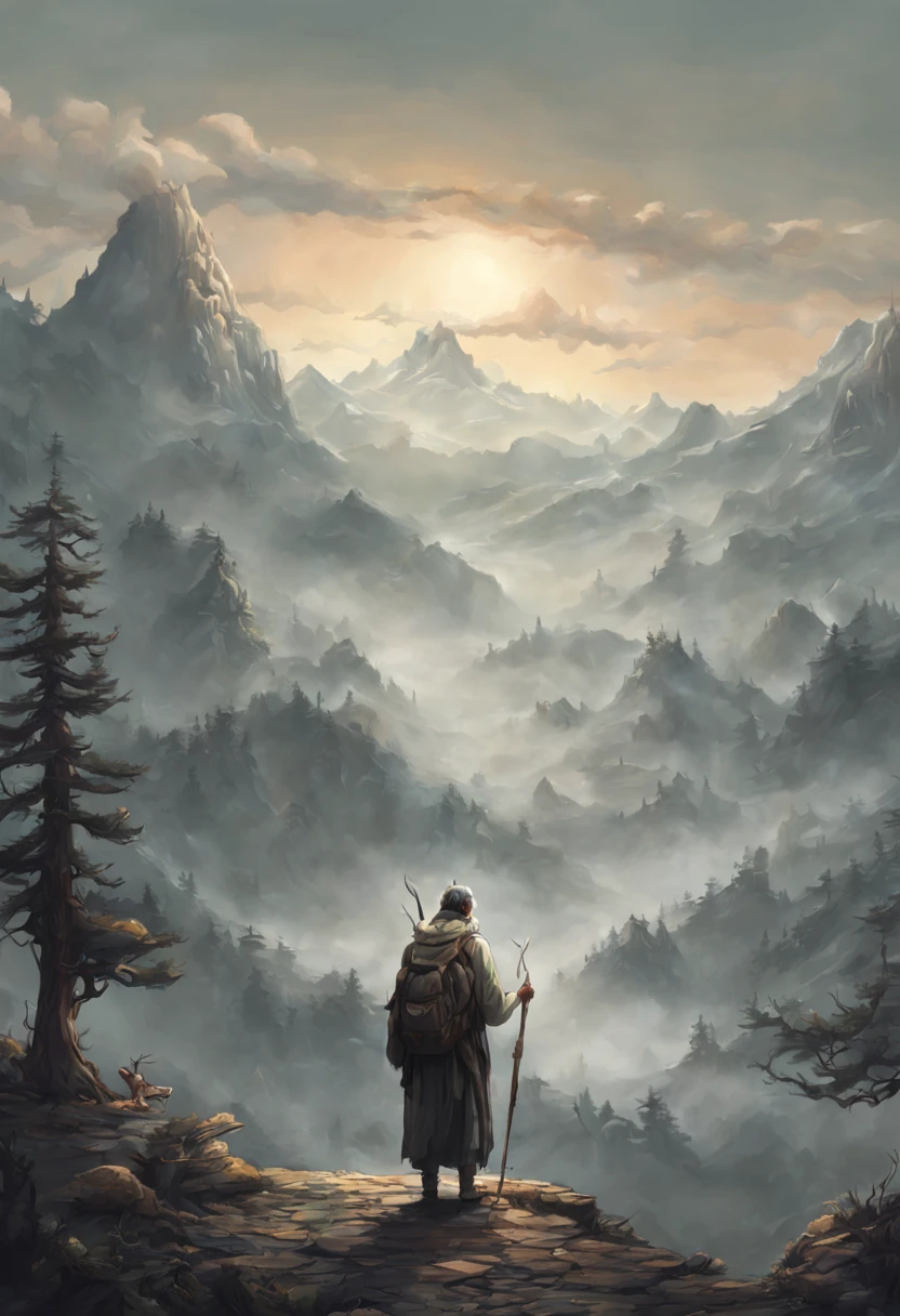 A hermit practicing alone deep in the mountains in the middle of nowhere, smoke coming out of his ears, a world of fantastic and detailed imagery.