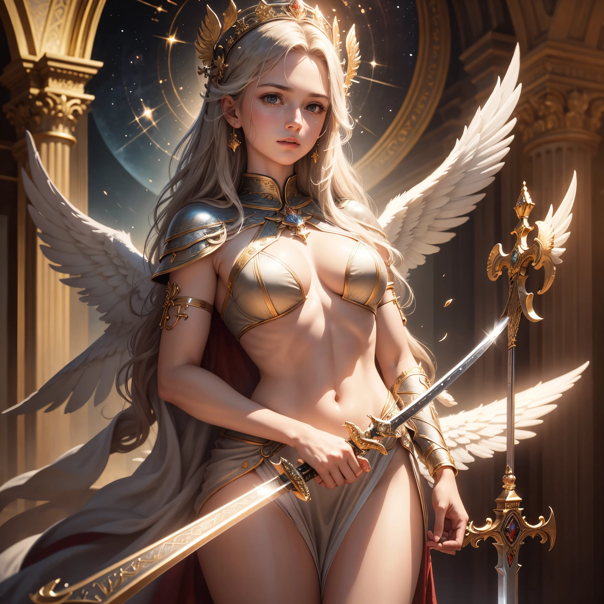 High resolution, high dynamic range, masterpiece, highest quality, top quality, 8K resolution, realistic, very detailed CG, highly detailed CG, depth, delicate, fully focused, celestial, glory, shining view of heaven, shining buildings, blessing, joy, outstanding culture and art, raw photograph of Archangel Michael, power, glory, light, sword,