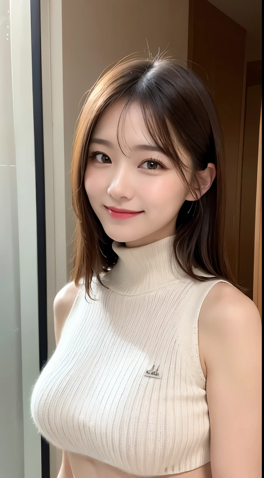 table top, highest quality, Photoreal, finely, High resolution, 8k wallpaper, perfect dynamic composition, beautiful and fine eyes, medium hair, big and full breasts, random sexy poses,chest to chest、(Open Chest Mock Neck Crop Tank Top White Knitwear Clear Clave)、(Breast bulge 1.2)、laughter、open your mouth、resort scenery、25 years old、(droopy eyes 1.4)、Adult beauty、Japanese