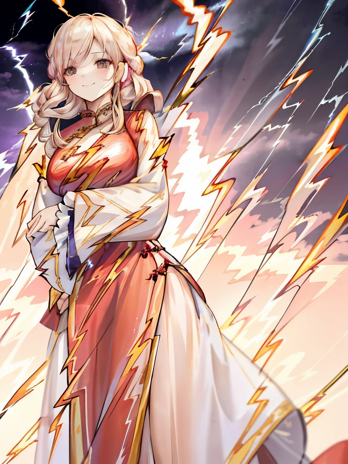 girl,light golden hair,Twin curly hair,BREAK//(double sleeve long sleeve),((Chinese dress with lots of frills:1.3)),((BREAK//)),((lightning pattern background:1.6)),close up of face,(Cute smile),