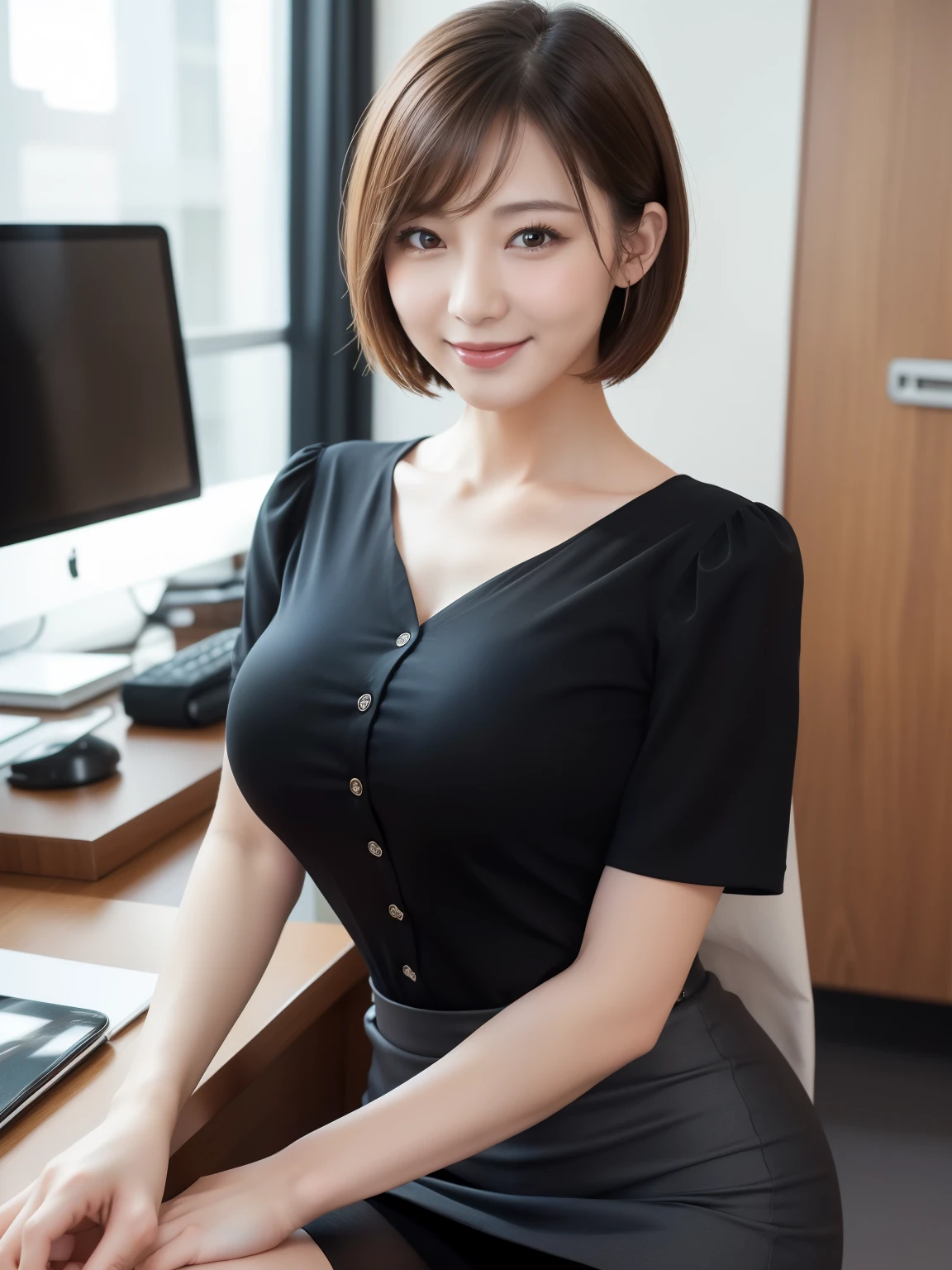 ((masterpiece))、((highest quality))、photograph、reality、High level image quality、Super detailed、married woman、30 years old、delicate features、short hair、Realistic background and accessories、big and full breasts、sexy smile、Morning office、Tight Skirt、black button blouse、