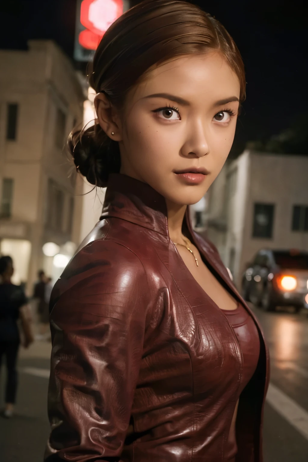 best quality, realistic, front pov, KristannaTX in a los angeles city street, (a female Indonesian supermodel), (wine red leather jacket:1.1), seductive smile, (dark hair), (updo hair:1.0), perfect eyes, sharp details, detailed face, face makeup, cheeks blush, eyeliner, eyeshadows, lip gloss, supermodel, (deep focus), (hard lighting), (night time), (realistic lighting:1.0)